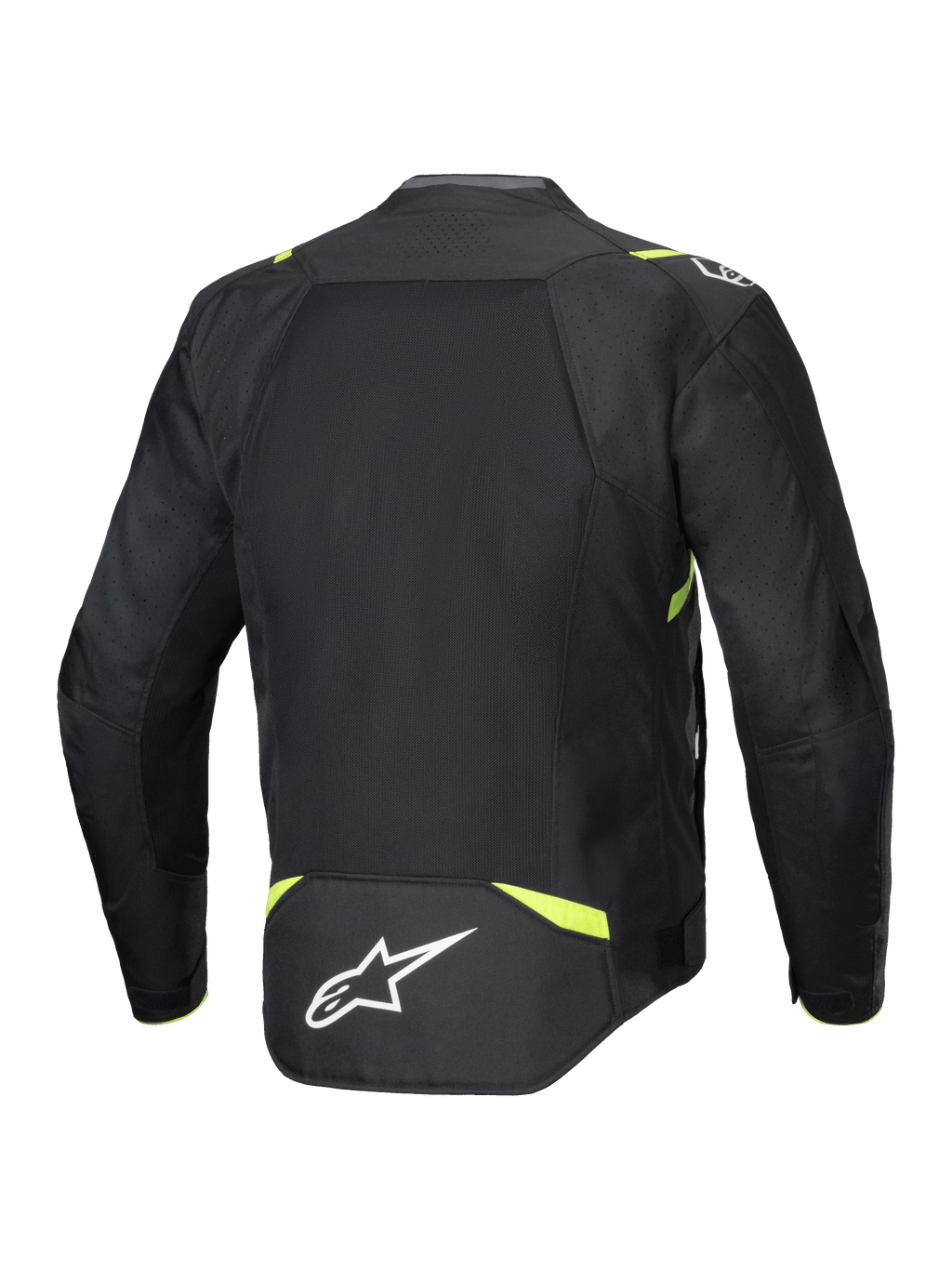 Veste Alpinestars T-SPS Air V2, veste de moto en textile, noir et jaune fluo, vue arrière avec de larges panneaux en mesh pour la circulation de l'air, accents jaune fluo sur les épaules et la taille, logo Alpinestars blanc dans le bas du dos