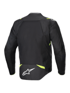 Veste Alpinestars T-SPS Air V2, veste de moto en textile, noir et jaune fluo, vue arrière avec de larges panneaux en mesh pour la circulation de l'air, accents jaune fluo sur les épaules et la taille, logo Alpinestars blanc dans le bas du dos