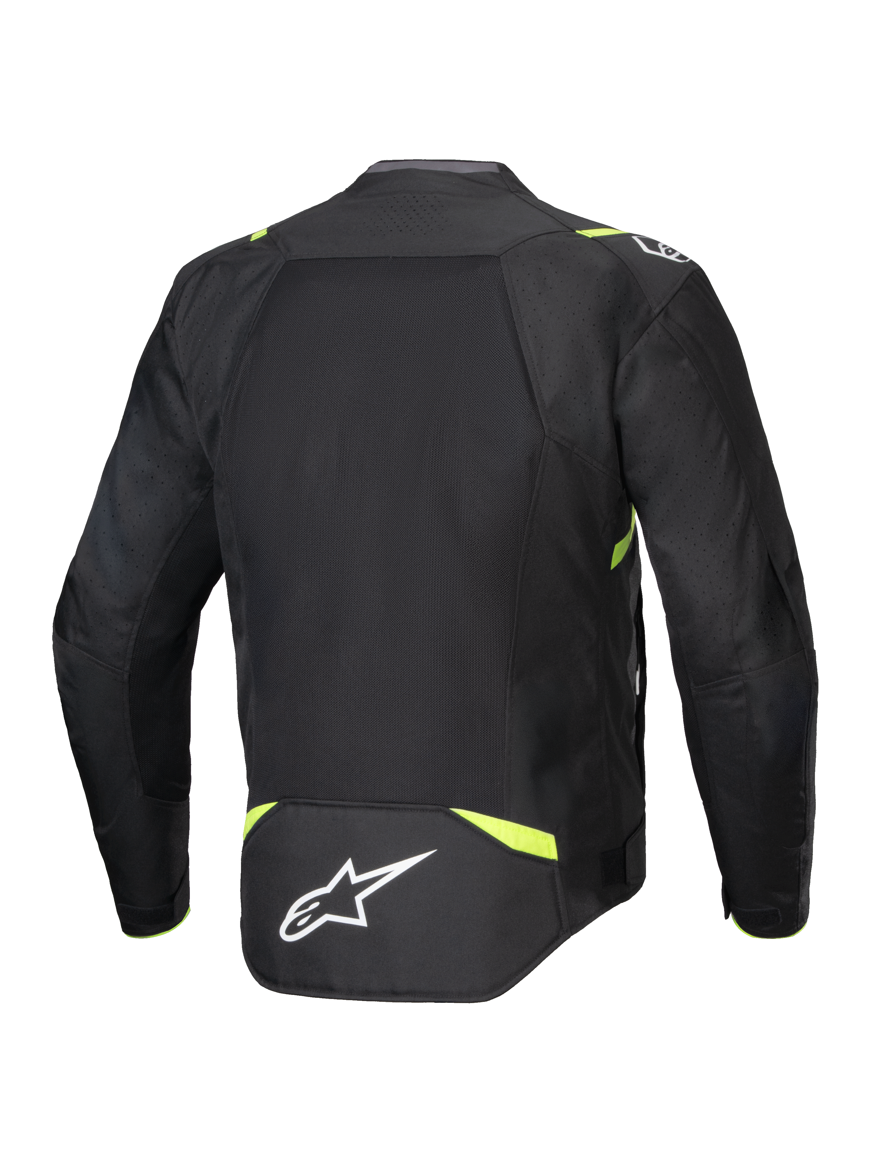Veste Alpinestars T-SPS Air V2, veste de moto en textile, noir et jaune fluo, vue arrière avec de larges panneaux en mesh pour la circulation de l'air, accents jaune fluo sur les épaules et la taille, logo Alpinestars blanc dans le bas du dos