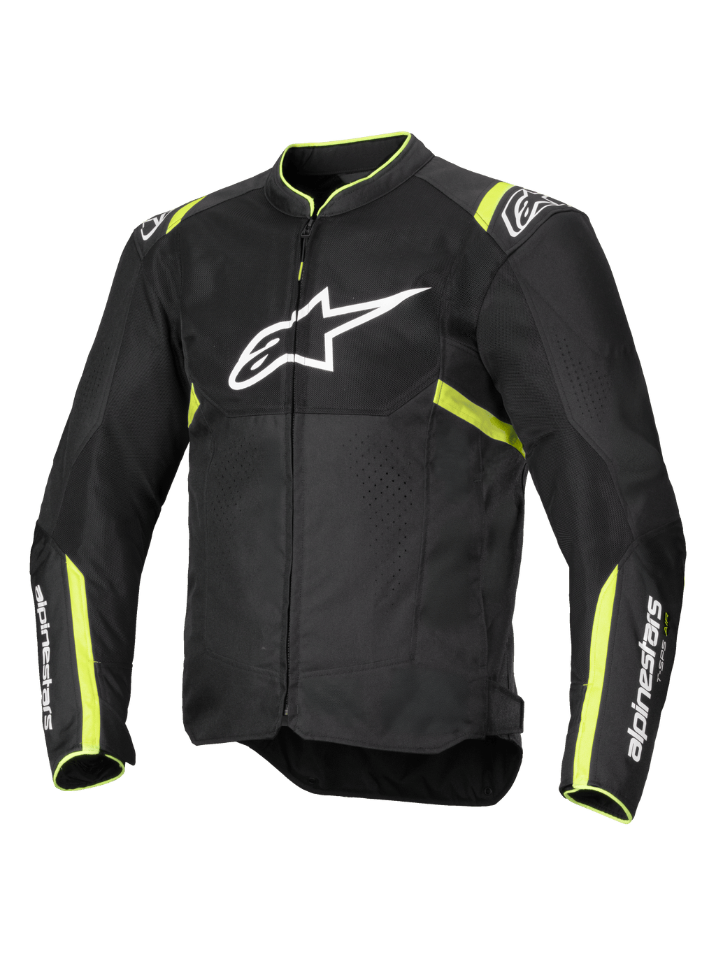 Veste Alpinestars T-Sps Air V2, veste de moto, noir et jaune fluo, avec un grand logo blanc sur la poitrine, panneaux en mesh pour la ventilation, accents jaune fluo sur les épaules et les manches, design textile sportif