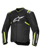 Veste Alpinestars T-Sps Air V2, veste de moto, noir et jaune fluo, avec un grand logo blanc sur la poitrine, panneaux en mesh pour la ventilation, accents jaune fluo sur les épaules et les manches, design textile sportif