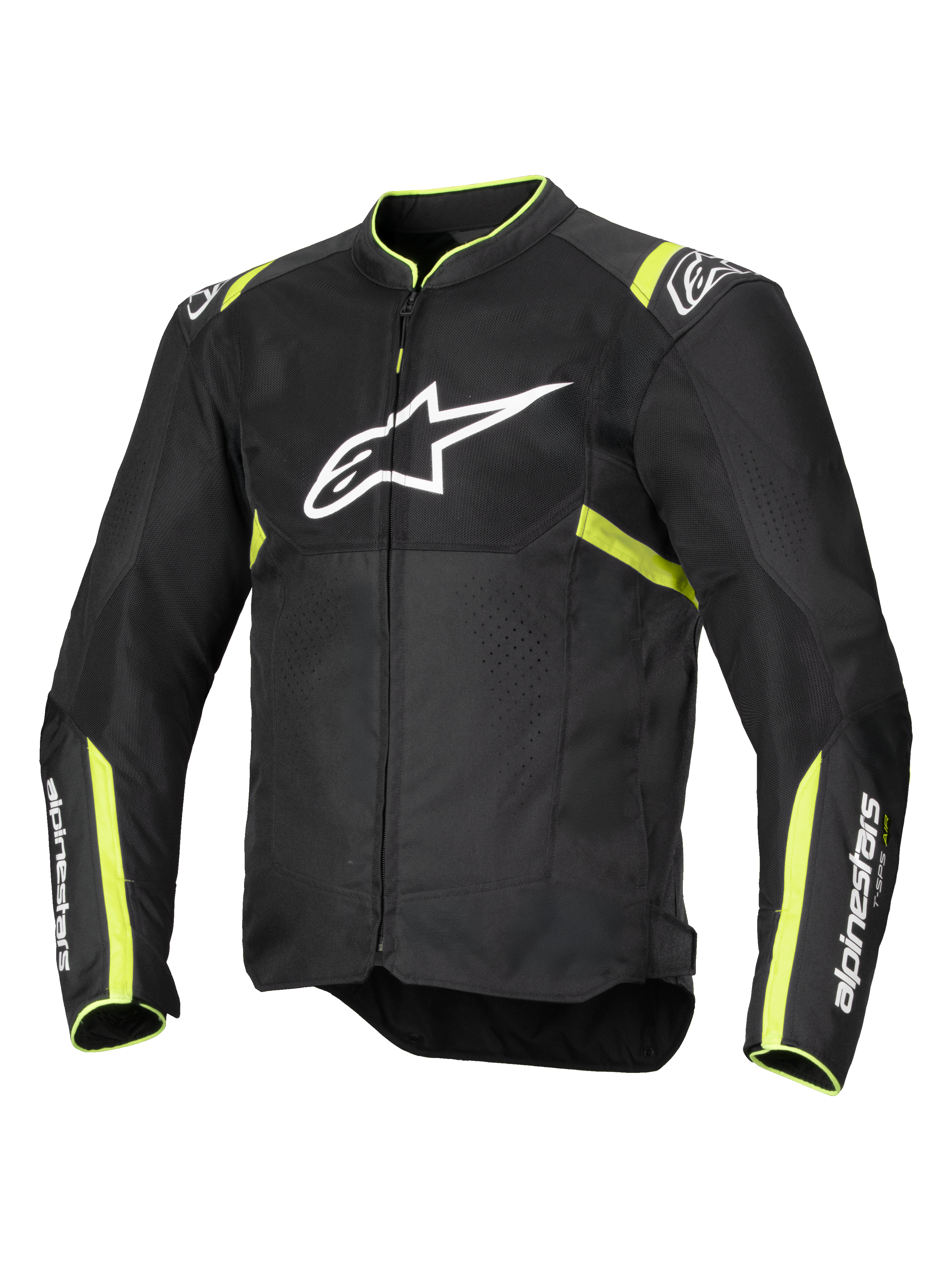 Veste Alpinestars T-Sps Air V2, veste de moto, noir et jaune fluo, avec un grand logo blanc sur la poitrine, panneaux en mesh pour la ventilation, accents jaune fluo sur les épaules et les manches, design textile sportif
