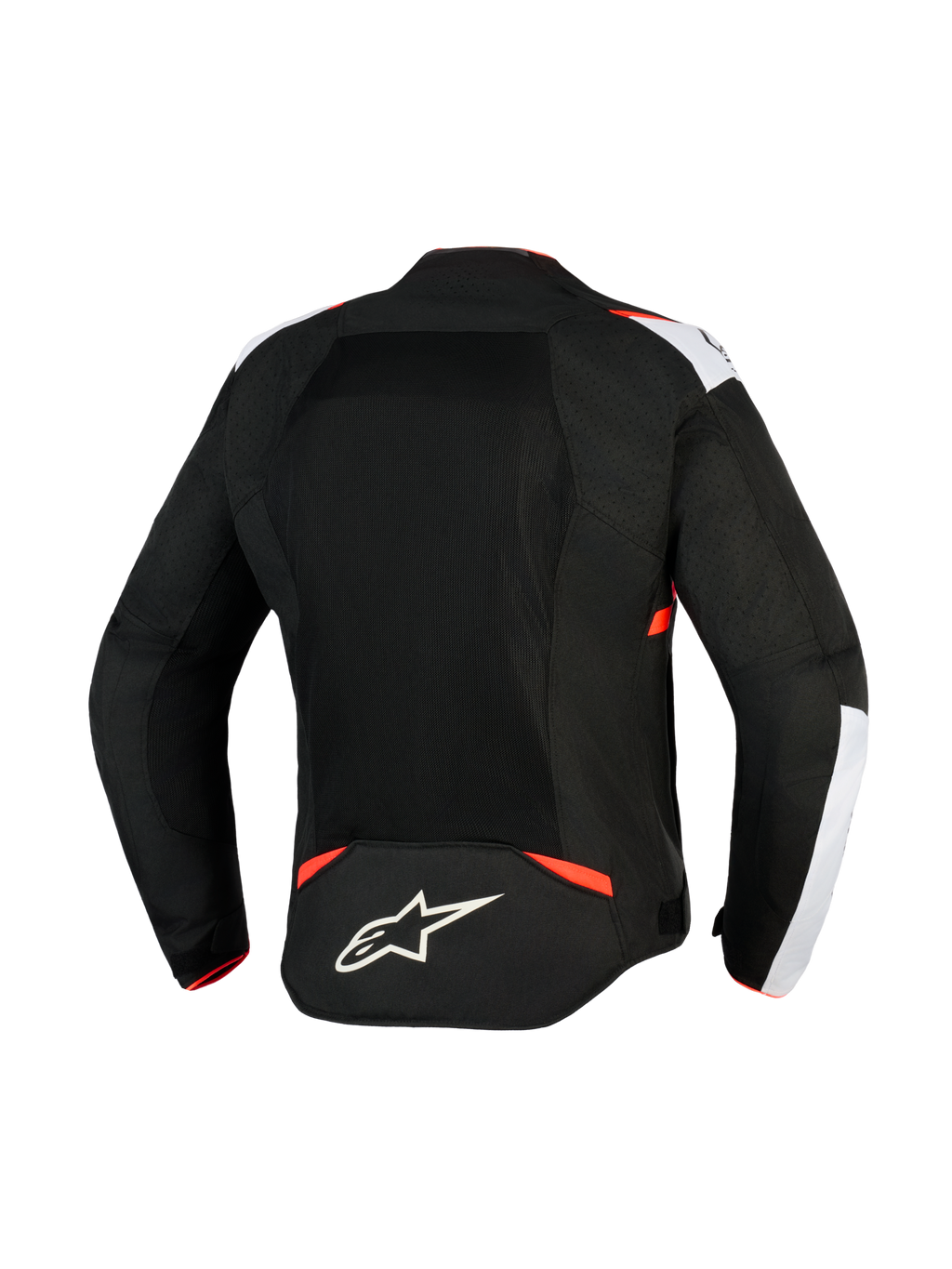 Veste Alpinestars T-Sps Air V2, veste de moto en textile, noir, blanc et rouge fluo, vue arrière présentant de larges panneaux en mesh pour le flux d'air, accents blancs sur les épaules, logo étoile Alpinestars sur le bas du dos, design sport urbain.