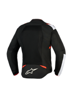 Veste Alpinestars T-Sps Air V2, veste de moto en textile, noir, blanc et rouge fluo, vue arrière présentant de larges panneaux en mesh pour le flux d'air, accents blancs sur les épaules, logo étoile Alpinestars sur le bas du dos, design sport urbain.