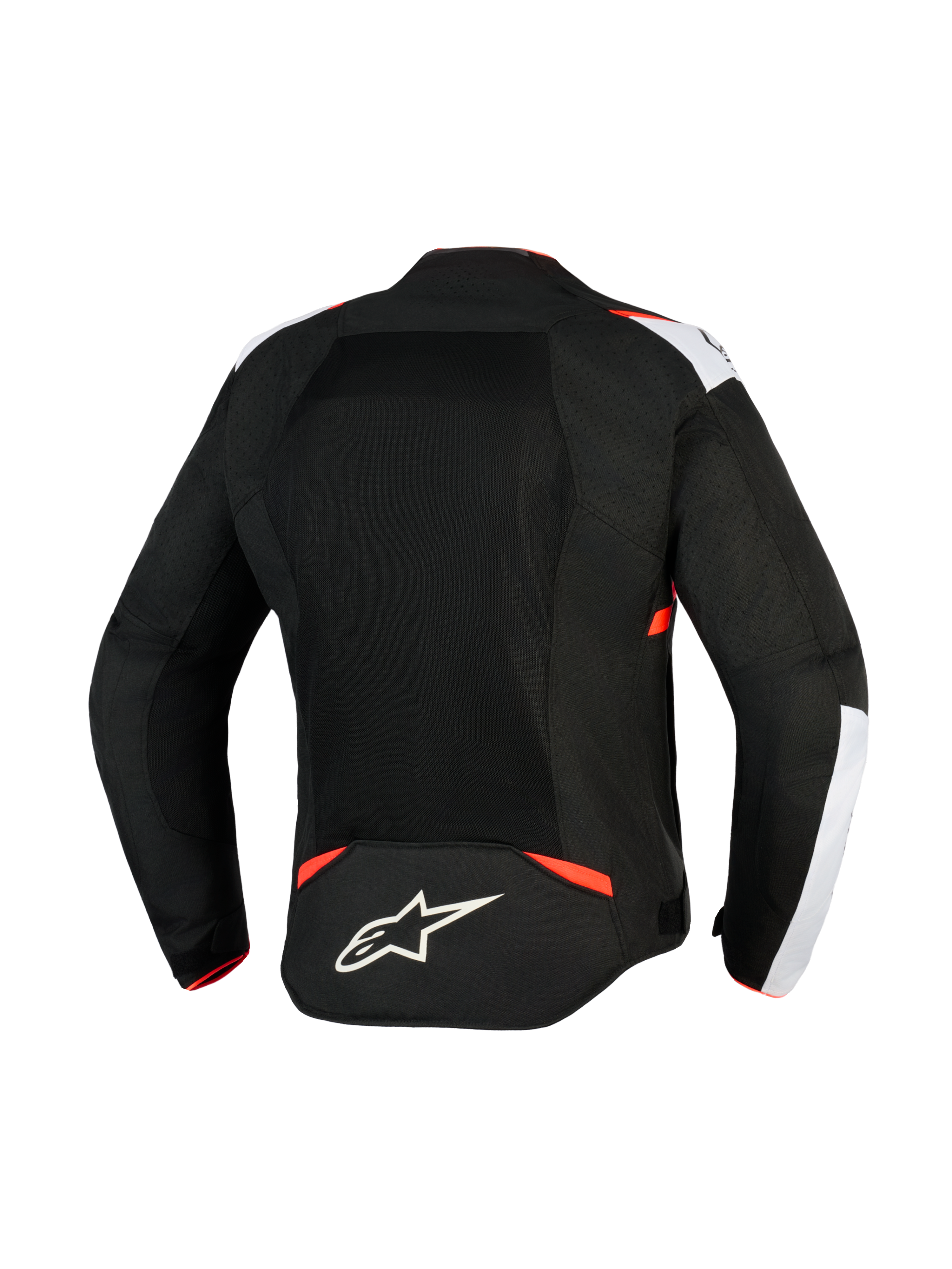 Veste Alpinestars T-Sps Air V2, veste de moto en textile, noir, blanc et rouge fluo, vue arrière présentant de larges panneaux en mesh pour le flux d'air, accents blancs sur les épaules, logo étoile Alpinestars sur le bas du dos, design sport urbain.