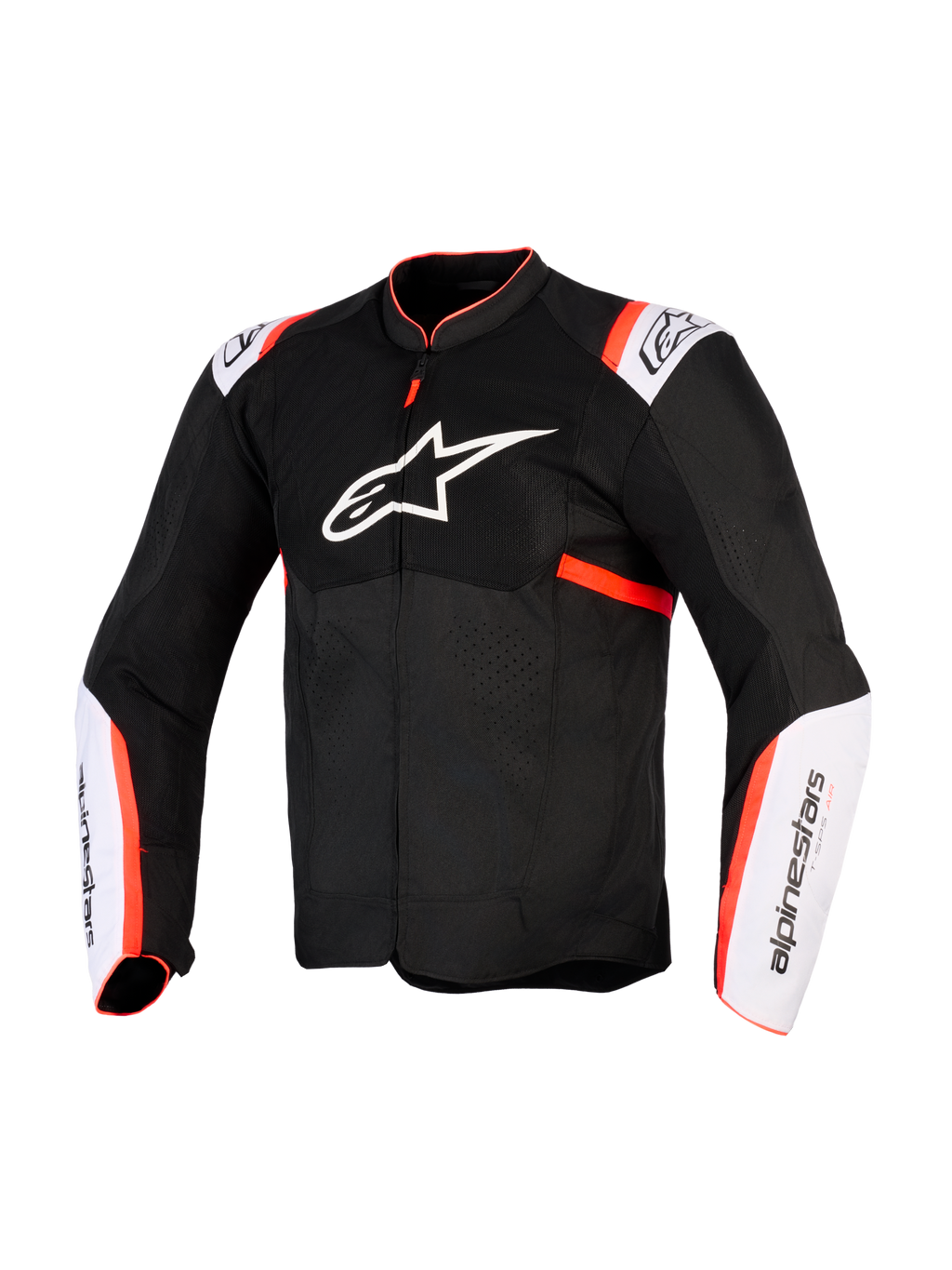Veste Alpinestars T-Sps Air V2, veste de moto, noir, blanc et rouge fluo, vue de face avec grand logo étoile blanc sur la poitrine, panneaux en mesh, empiècements blancs sur les manches avec accents rouge fluo, construction en textile technique pour la conduite estivale