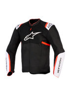 Veste Alpinestars T-Sps Air V2, veste de moto, noir, blanc et rouge fluo, vue de face avec grand logo étoile blanc sur la poitrine, panneaux en mesh, empiècements blancs sur les manches avec accents rouge fluo, construction en textile technique pour la conduite estivale