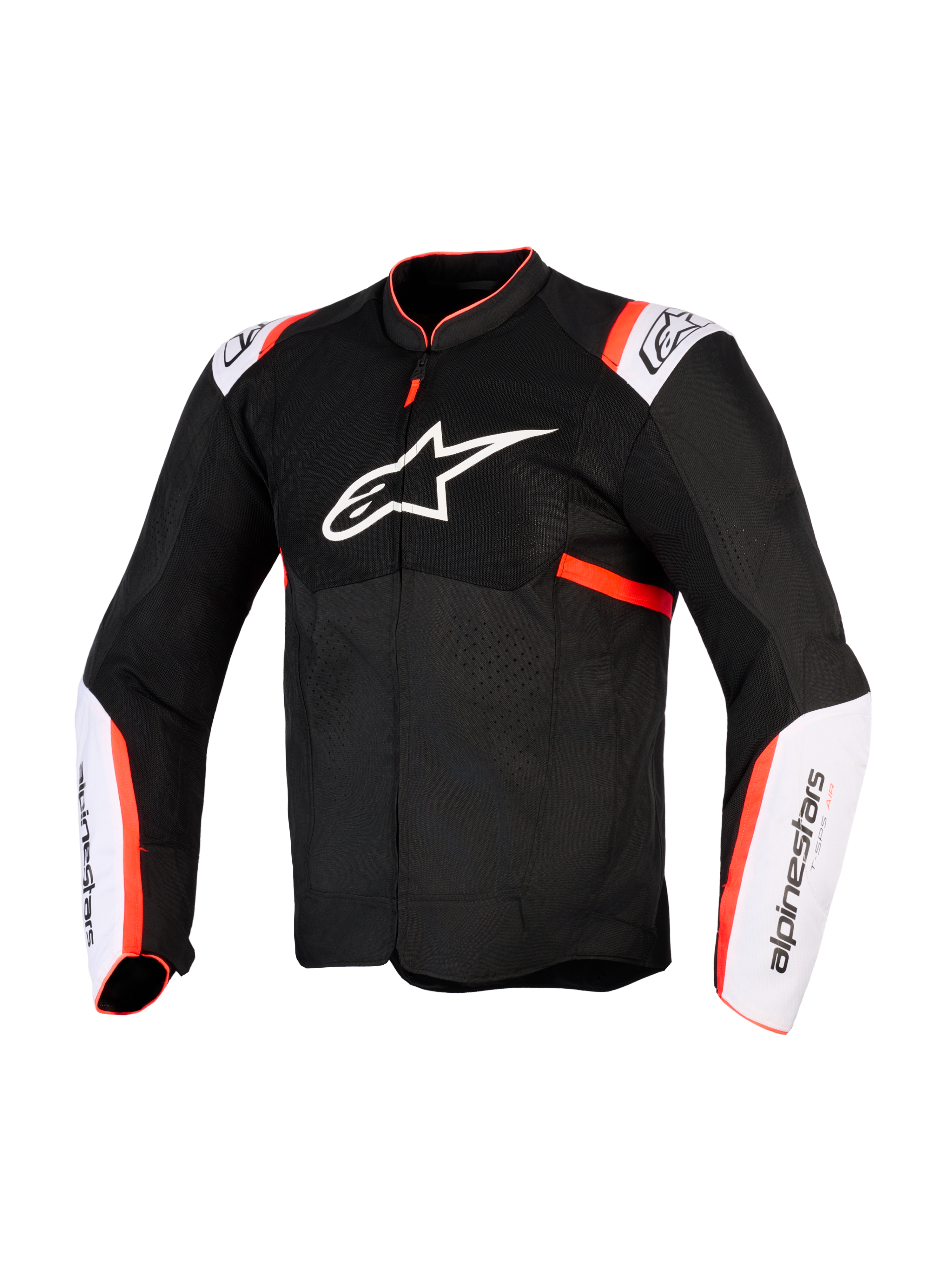 Veste Alpinestars T-Sps Air V2, veste de moto, noir, blanc et rouge fluo, vue de face avec grand logo étoile blanc sur la poitrine, panneaux en mesh, empiècements blancs sur les manches avec accents rouge fluo, construction en textile technique pour la conduite estivale