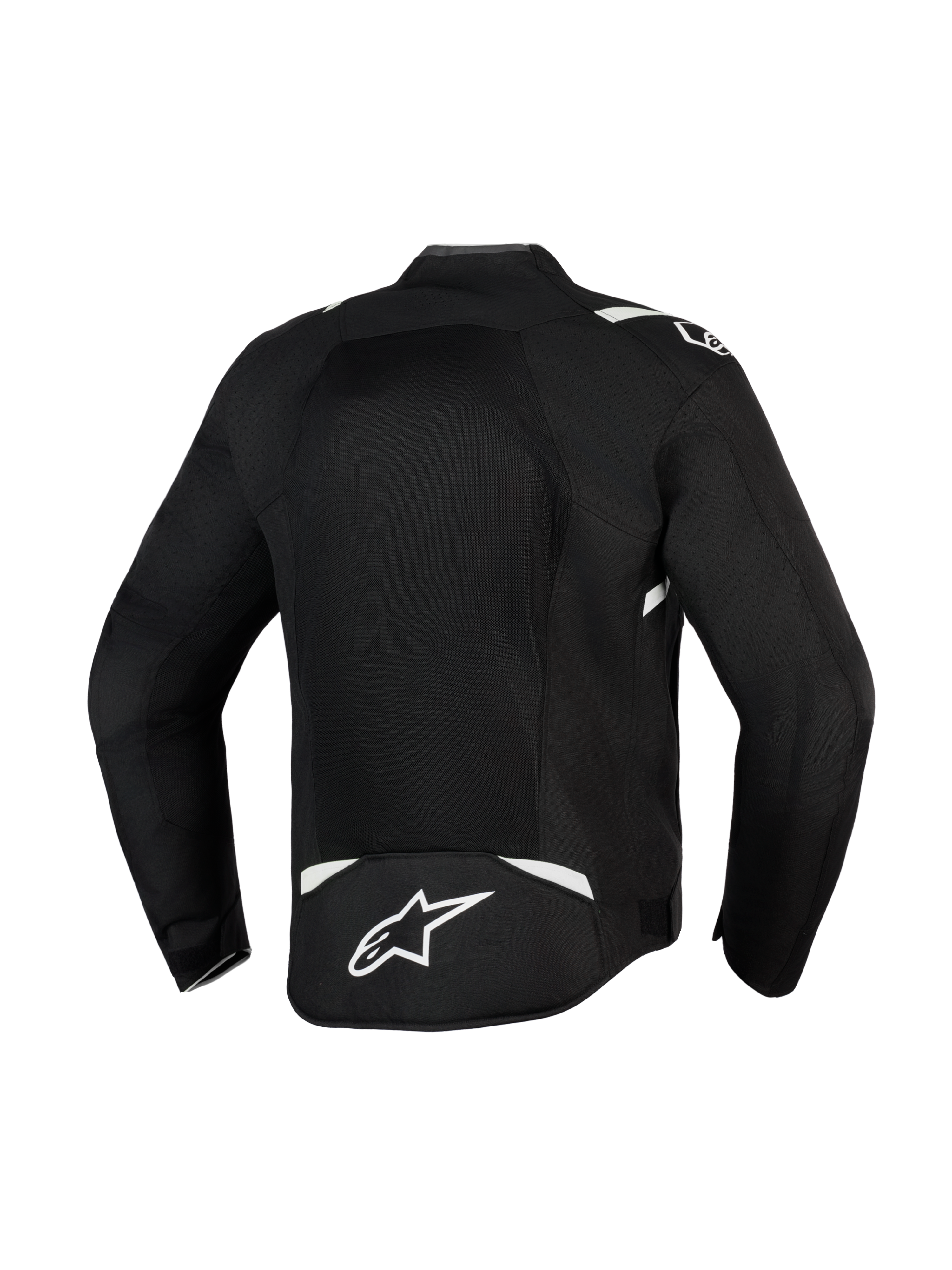 Alpinestars T-Sps Air V2 Jacket, Black and White, rear view showing large mesh panel for maximum airflow, durable 600D polyfabric construction with white accents and star logo on the lower back, textile motorcycle jacket for urban riding
