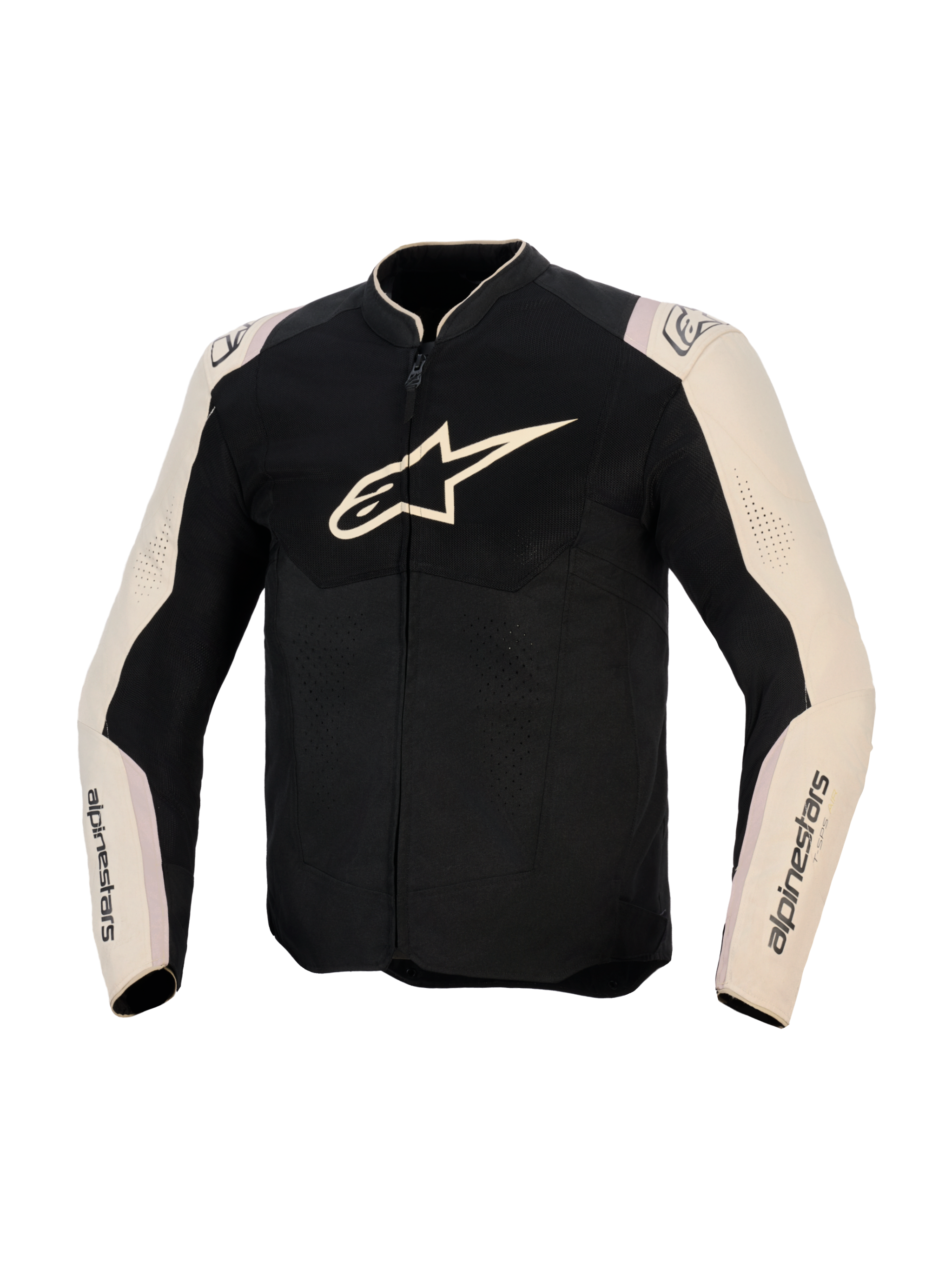 Veste Alpinestars T-SPS Air V2, veste de moto en textile, Noir Mastic Aluminium, vue de face avec grand logo sur la poitrine, panneaux en maille pour la circulation de l'air et manches de couleur claire avec logos, équipement de route au style sportif.