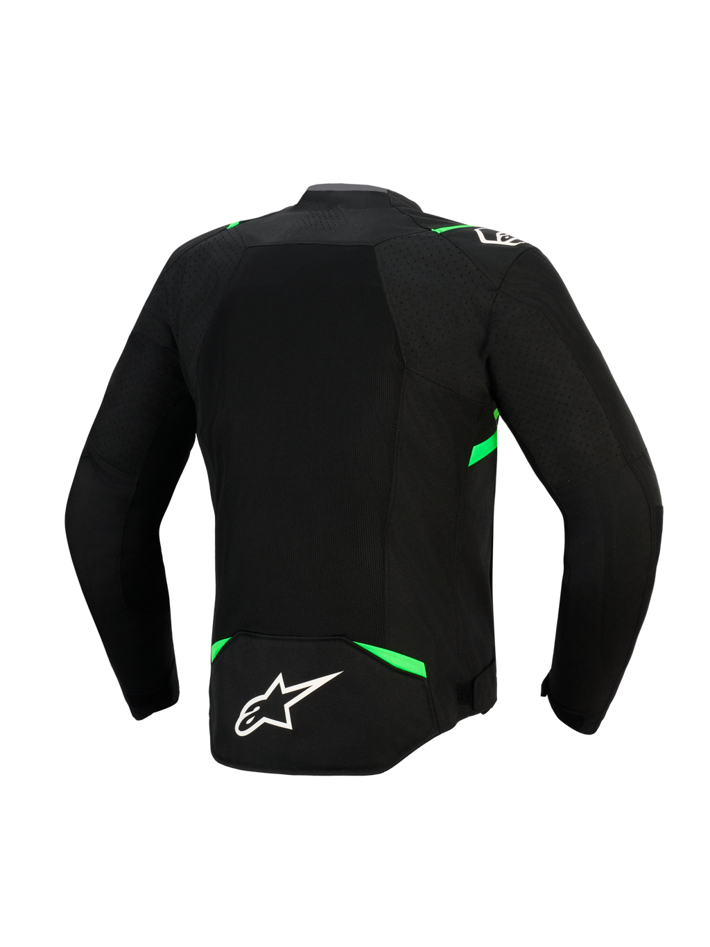 Veste Alpinestars T-SPS Air V2, vue arrière, noir et vert fluo, dotée d'un large panneau en maille technique pour un flux d'air maximal, d'accents vert fluo sur les épaules et la taille, et d'un logo Alpinestars blanc dans le bas du dos.