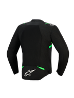 Veste Alpinestars T-SPS Air V2, vue arrière, noir et vert fluo, dotée d'un large panneau en maille technique pour un flux d'air maximal, d'accents vert fluo sur les épaules et la taille, et d'un logo Alpinestars blanc dans le bas du dos.