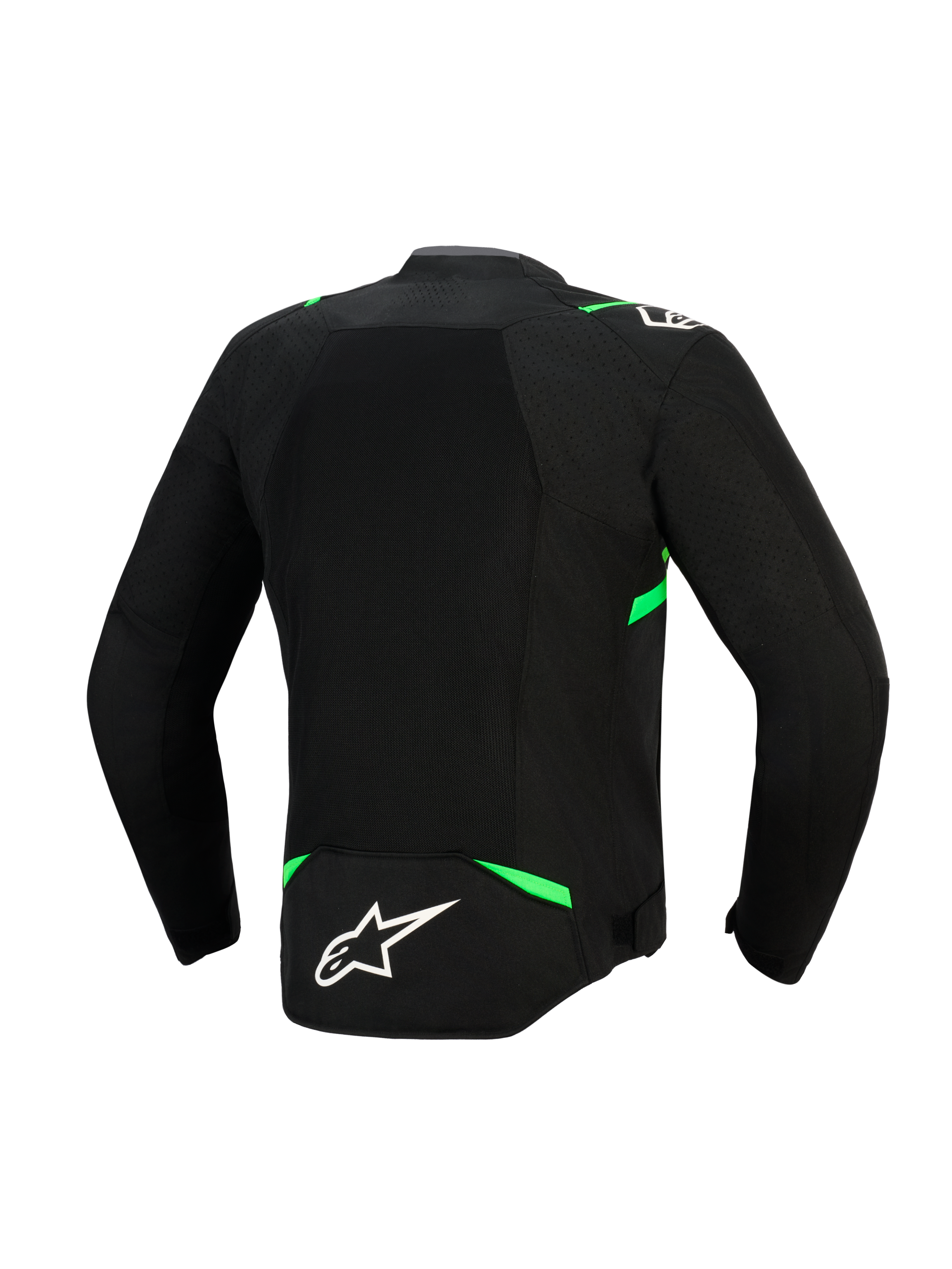 Veste Alpinestars T-SPS Air V2, vue arrière, noir et vert fluo, dotée d'un large panneau en maille technique pour un flux d'air maximal, d'accents vert fluo sur les épaules et la taille, et d'un logo Alpinestars blanc dans le bas du dos.
