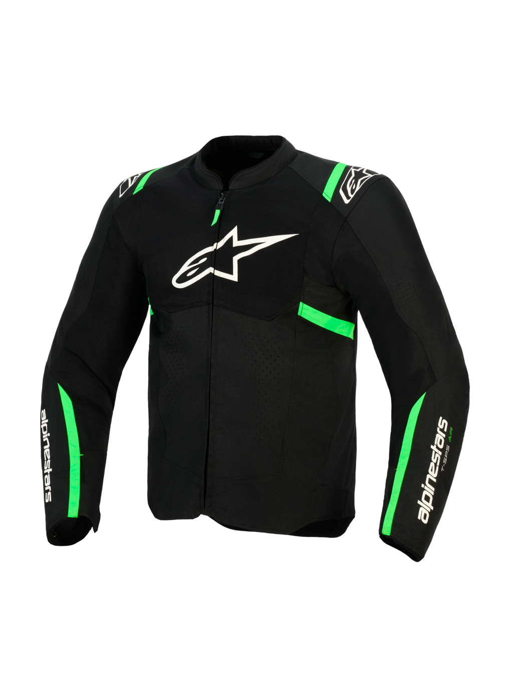 Veste Alpinestars T-SPS Air V2, noir et vert fluo, vue de face avec logo Alpinestars blanc sur la poitrine, panneaux en maille technique pour la ventilation, accents verts sur les épaules et les manches, équipement de protection pour moto de sport