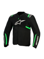 Veste Alpinestars T-SPS Air V2, noir et vert fluo, vue de face avec logo Alpinestars blanc sur la poitrine, panneaux en maille technique pour la ventilation, accents verts sur les épaules et les manches, équipement de protection pour moto de sport