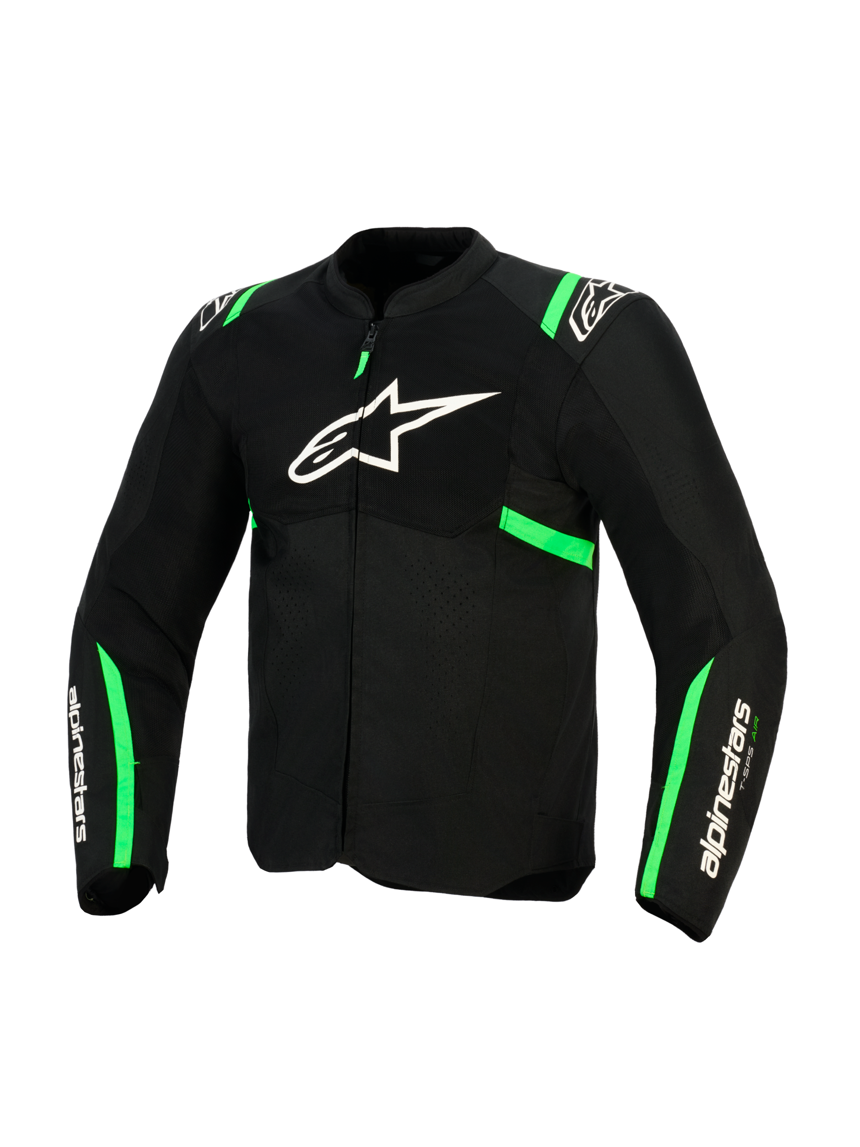 Veste Alpinestars T-SPS Air V2, noir et vert fluo, vue de face avec logo Alpinestars blanc sur la poitrine, panneaux en maille technique pour la ventilation, accents verts sur les épaules et les manches, équipement de protection pour moto de sport
