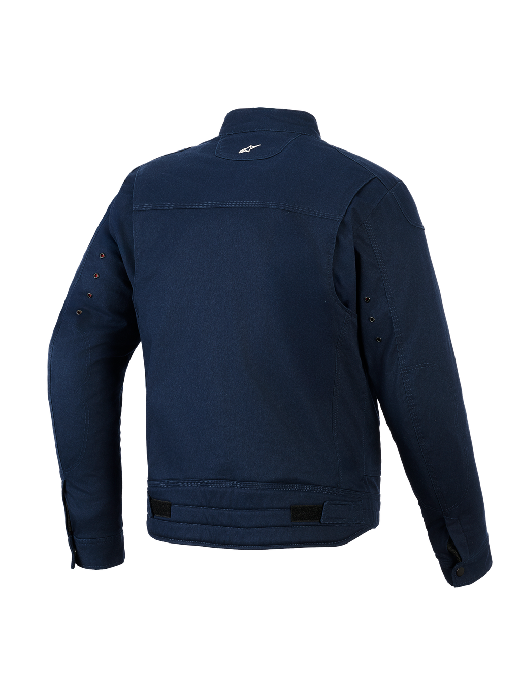 Veste Alpinestars Bruiser, veste de moto urbaine, bleu foncé, vue arrière présentant une construction en sergé de polycoton extensible, petit logo blanc sur la nuque, œillets de ventilation sur les manches et pattes de réglage à la taille.
