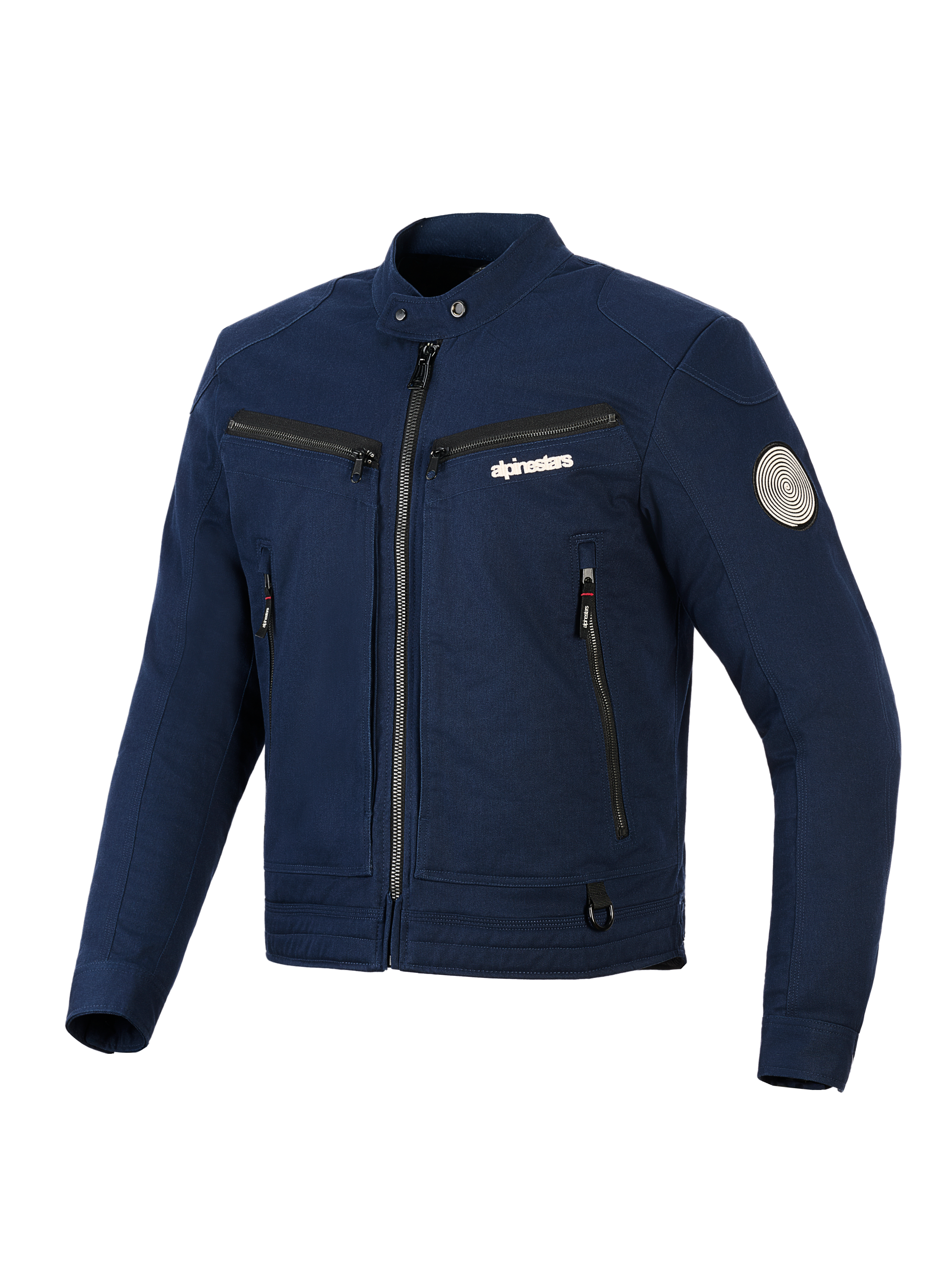 Veste Alpinestars Bruiser, veste de moto urbaine en textile, bleu foncé, design d'inspiration workwear avec fermeture éclair à l'avant et poches de poitrine zippées, col à bouton-pression et patch spirale Oscar sur la manche, esthétique streetwear contemporaine