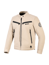 Veste Alpinestars Bruiser, veste de moto urbaine, beige, construction textile avec fermetures éclair noires, col à bouton-pression, multiples poches fonctionnelles, écusson logo circulaire sur la manche, design contemporain inspiré du style workwear