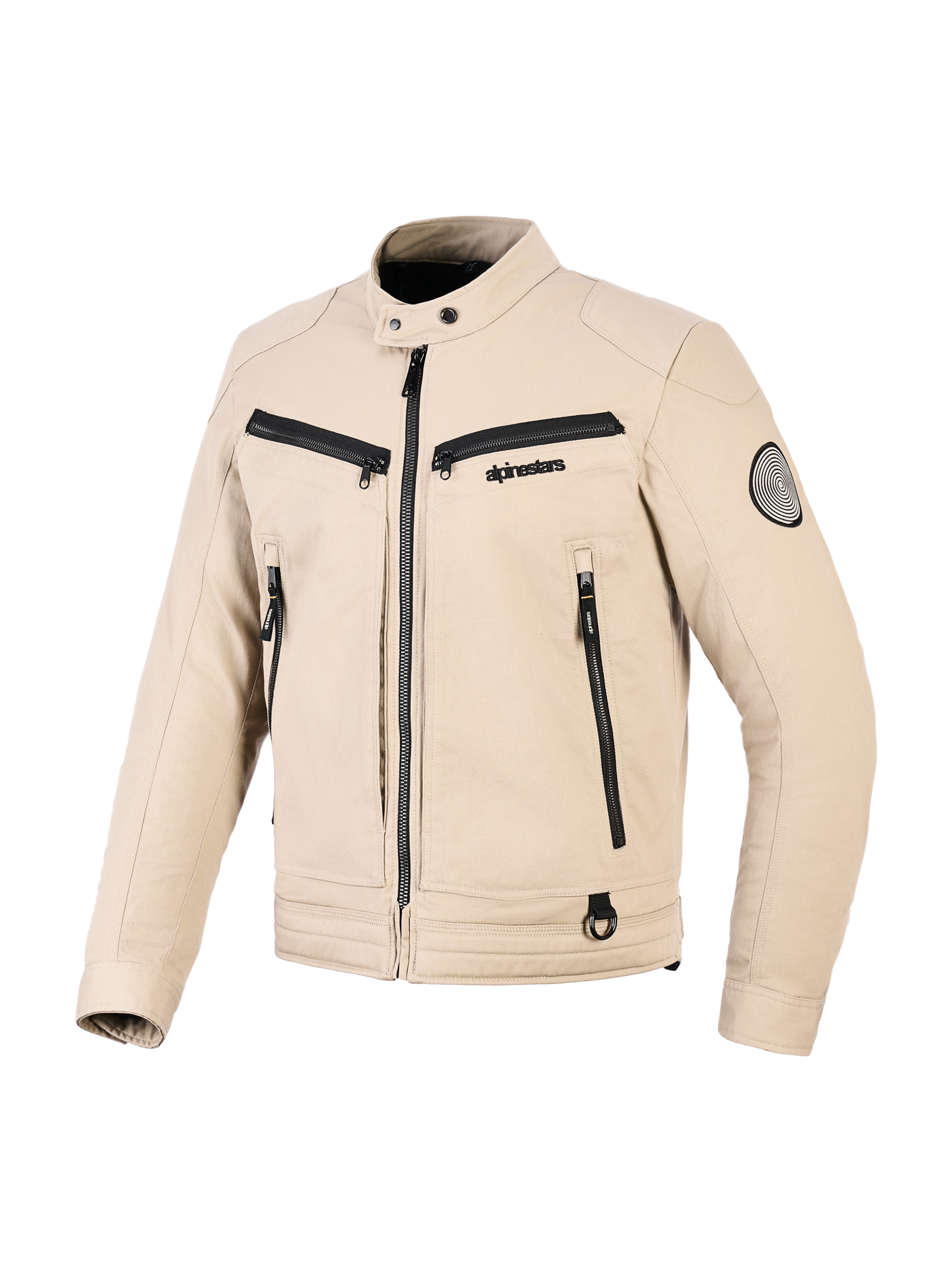 Veste Alpinestars Bruiser, veste de moto urbaine, beige, construction textile avec fermetures éclair noires, col à bouton-pression, multiples poches fonctionnelles, écusson logo circulaire sur la manche, design contemporain inspiré du style workwear