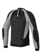 Veste Alpinestars Troop-Air, veste de moto aérée, noir, gris cendré et rouge vif, vue arrière montrant la construction en maille technique, marquage Alpinestars vertical sur le col et logos étoilés rouges sur le bas du dos et les coudes.