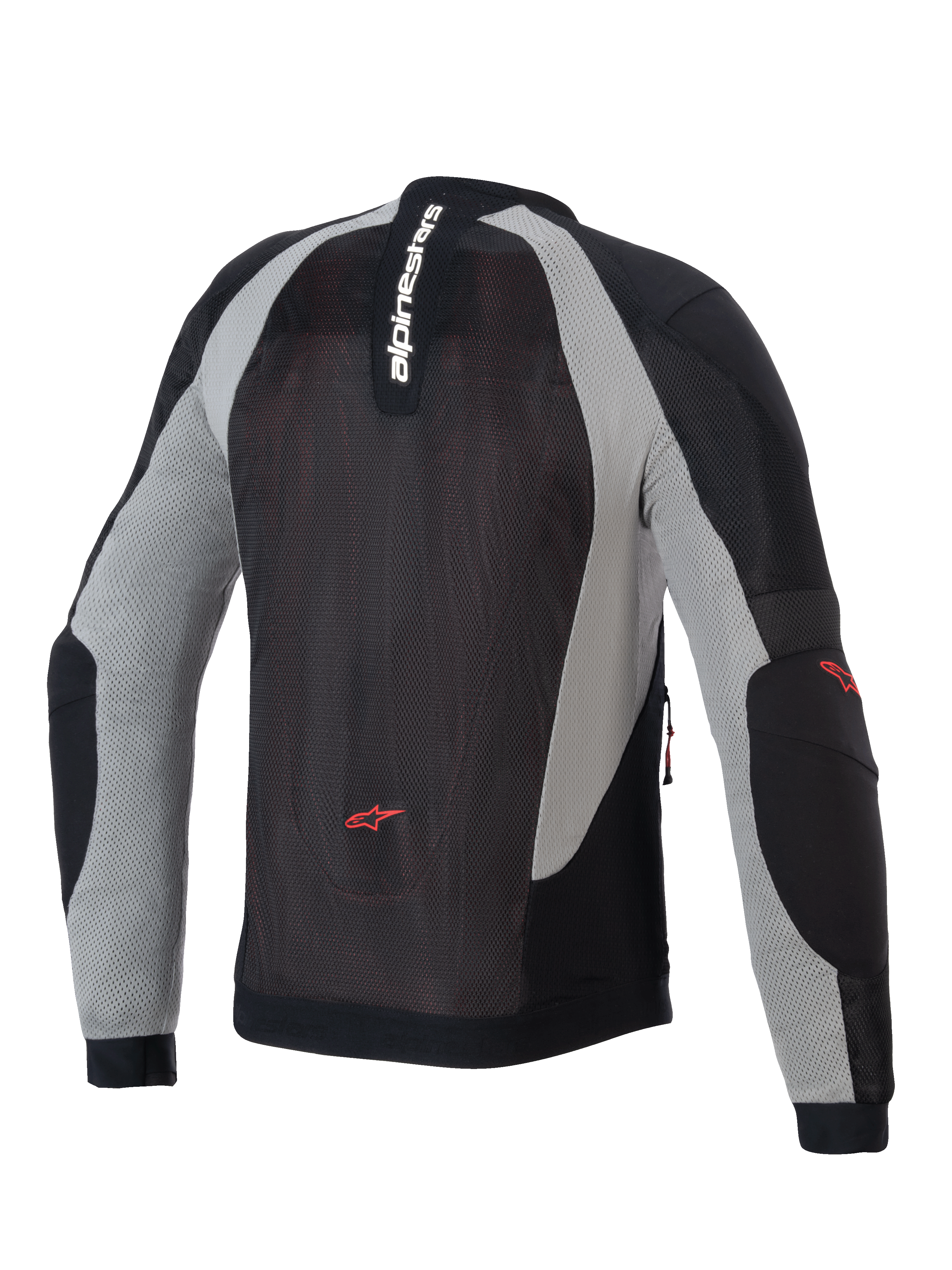 Veste Alpinestars Troop-Air, veste de moto aérée, noir, gris cendré et rouge vif, vue arrière montrant la construction en maille technique, marquage Alpinestars vertical sur le col et logos étoilés rouges sur le bas du dos et les coudes.