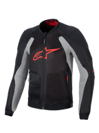 Veste Alpinestars Troop-Air, veste de moto technique aérée, noir et gris cendre avec rouge vif, arborant un grand logo A-star rouge sur la poitrine, construction en maille pour le flux d'air et design de pilotage technique.