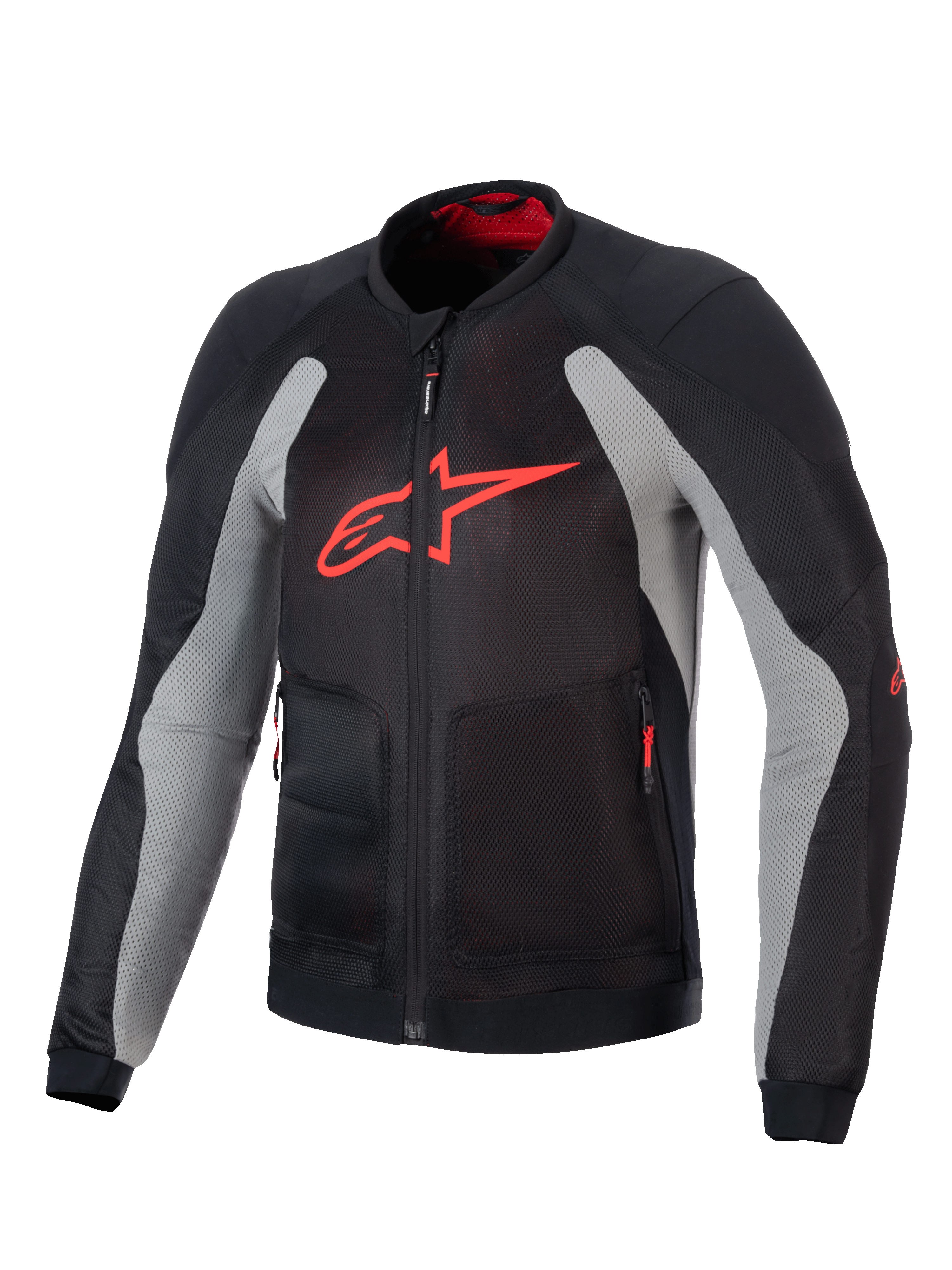 Veste Alpinestars Troop-Air, veste de moto technique aérée, noir et gris cendre avec rouge vif, arborant un grand logo A-star rouge sur la poitrine, construction en maille pour le flux d'air et design de pilotage technique.