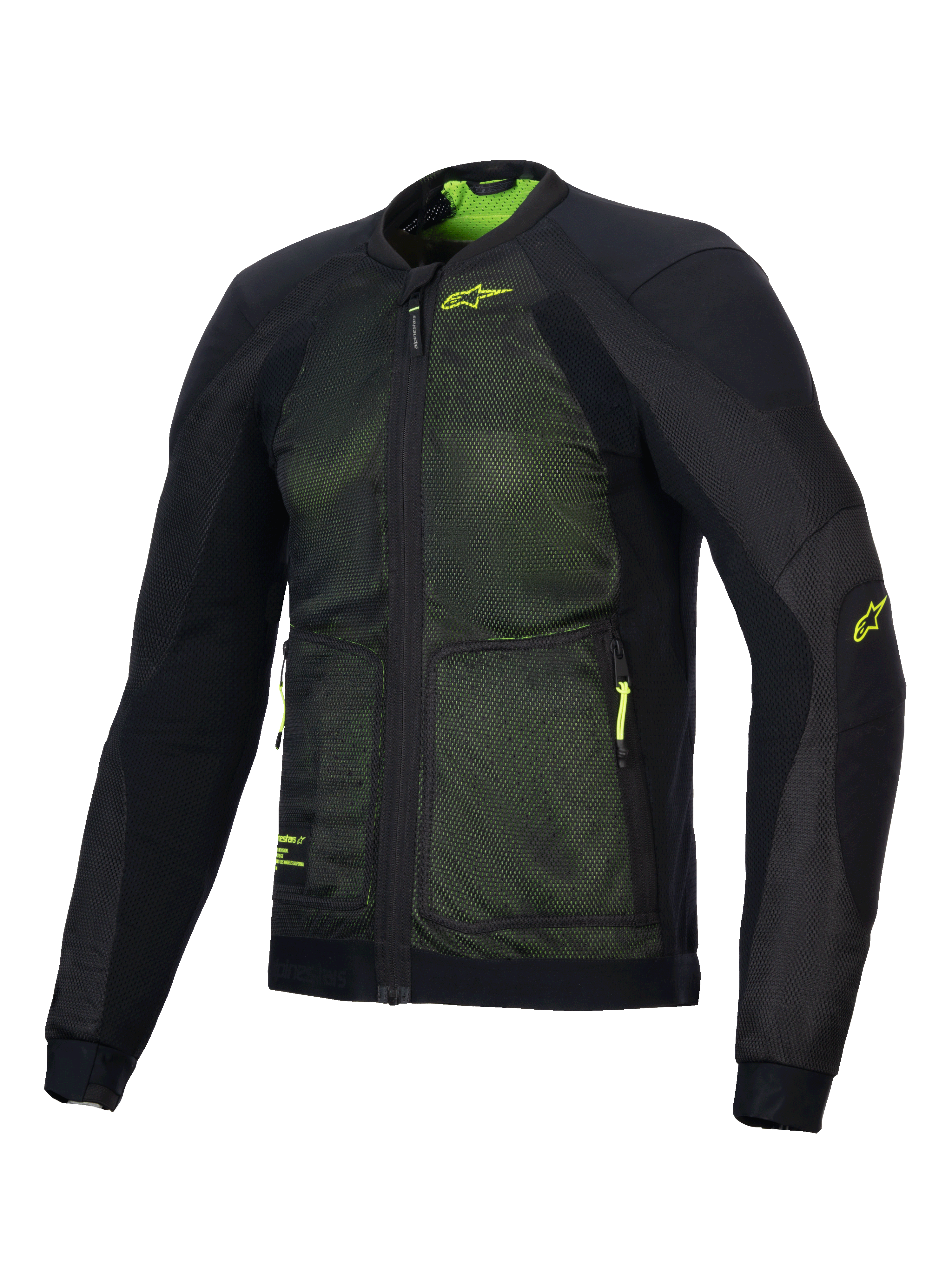 Alpinestars Troop-Air Jacket, advanced motorcycle air jacket, Black and Yellow Fluo, featuring 2D tech mesh construction for superior airflow, fluo yellow Alpinestars logo on the chest and sleeve, lightweight breathable design for summer road riding