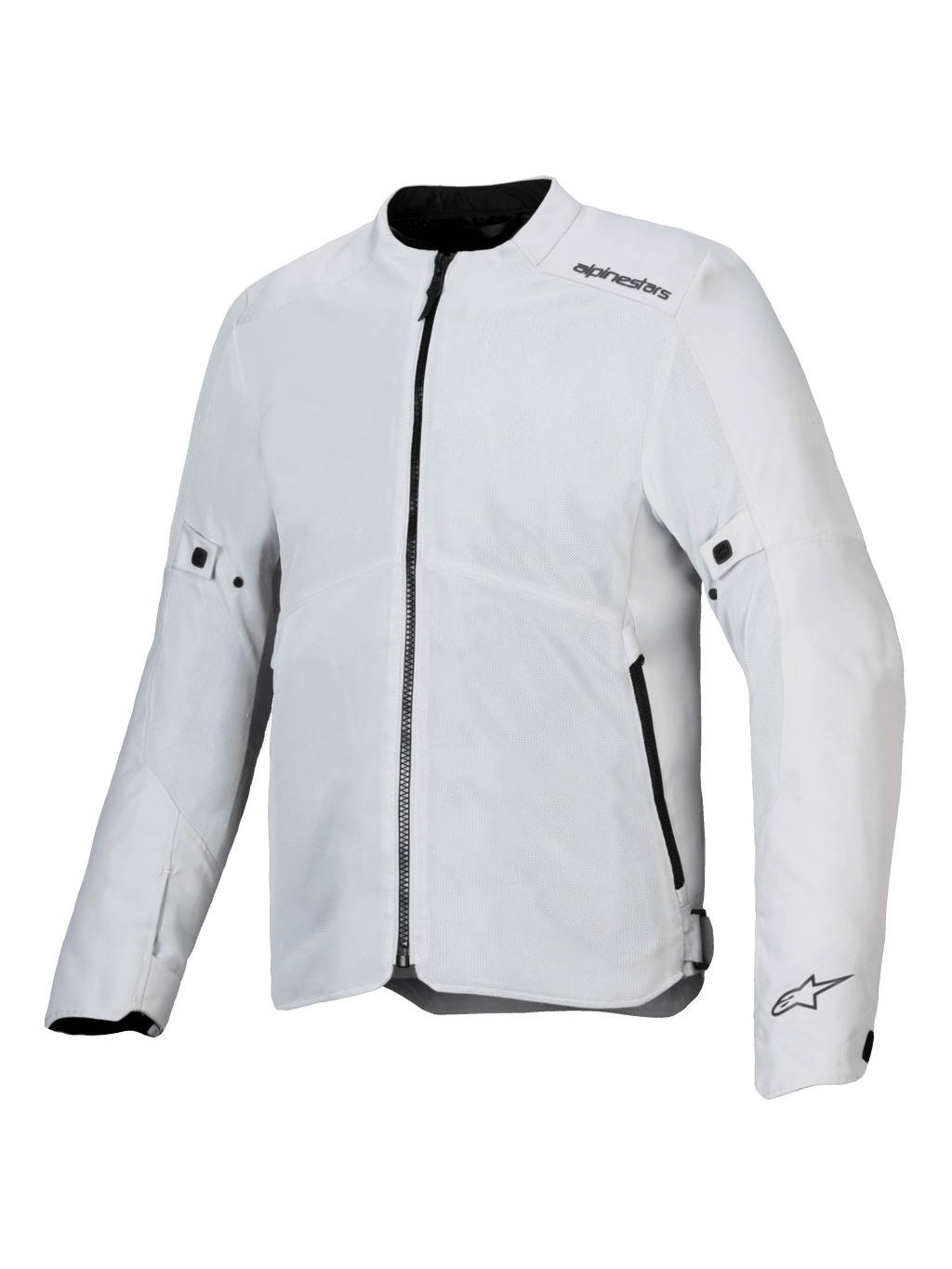 Veste Alpinestars C-1 Air, veste de moto, argent, construction textile légère avec panneaux en mesh technique, vue de face avec fermeture éclair centrale noire et poches latérales, logos Alpinestars sur l'épaule et le poignet, style urbain