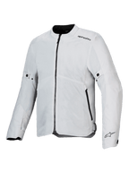 Veste Alpinestars C-1 Air, veste de moto, argent, construction textile légère avec panneaux en mesh technique, vue de face avec fermeture éclair centrale noire et poches latérales, logos Alpinestars sur l'épaule et le poignet, style urbain