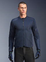 Alpinestars C-1 Air Jacket, Blue motorcycle jacket, worn by a male model with black pants and matching blue and black gloves, featuring tech mesh panels for airflow, clean urban design with front zipper and subtle branding