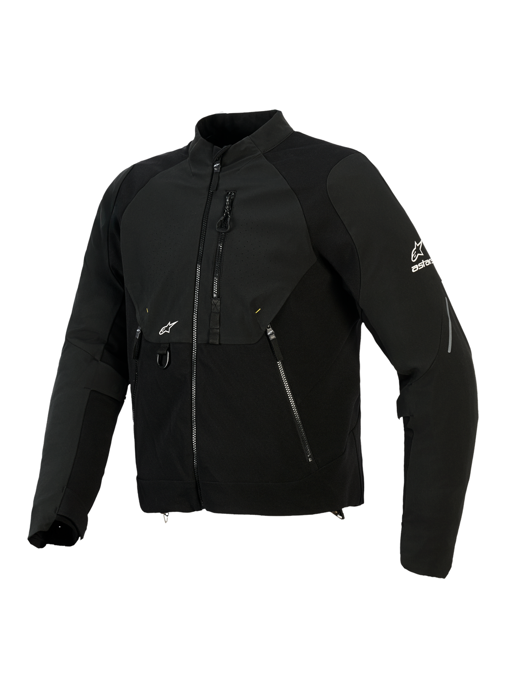 Veste Provoke d'Alpinestars, veste de moto textile, noire, avec empiècements en softshell ripstop, zone de poitrine perforée au laser, poches zippées, logo Alpinestars blanc sur la manche et la poitrine, équipement de conduite urbain contemporain