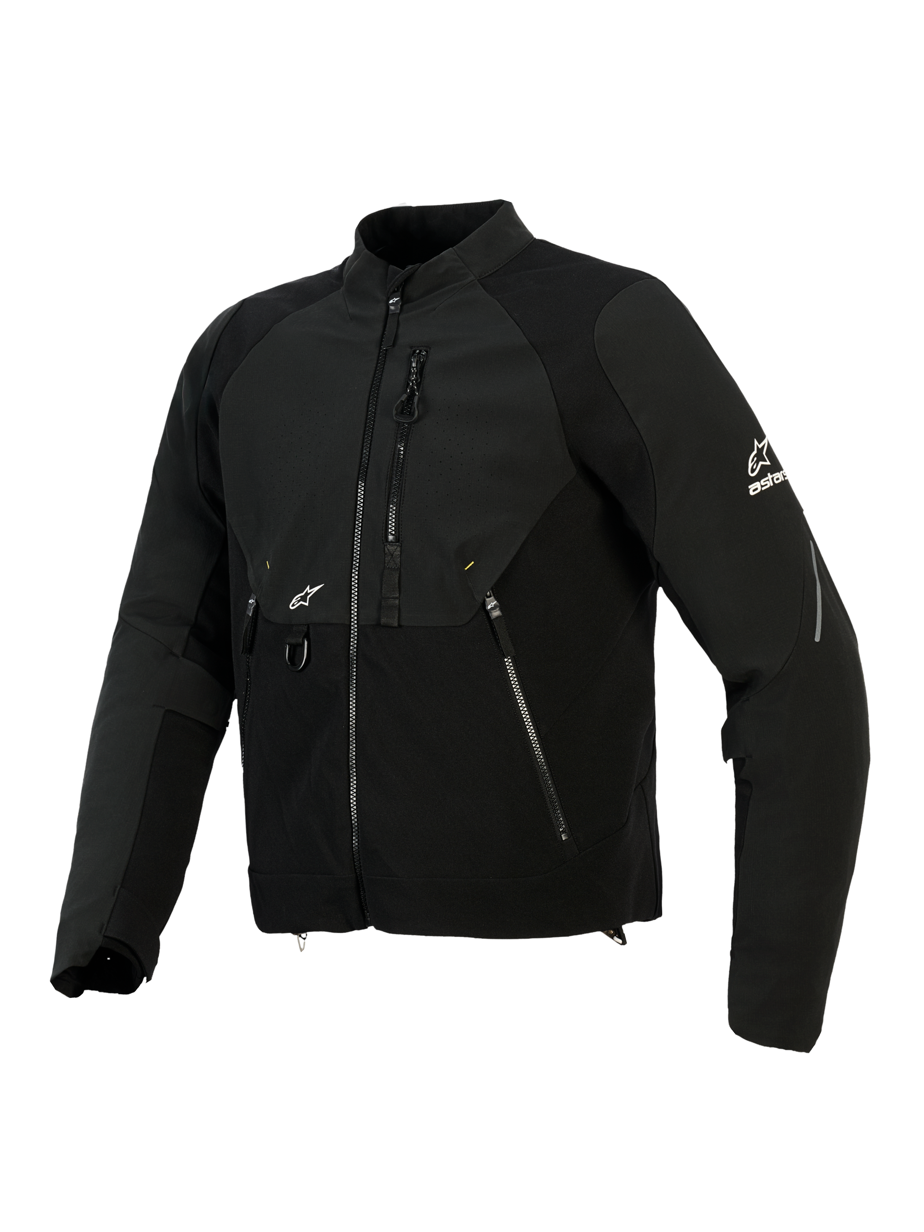 Veste Provoke d'Alpinestars, veste de moto textile, noire, avec empiècements en softshell ripstop, zone de poitrine perforée au laser, poches zippées, logo Alpinestars blanc sur la manche et la poitrine, équipement de conduite urbain contemporain