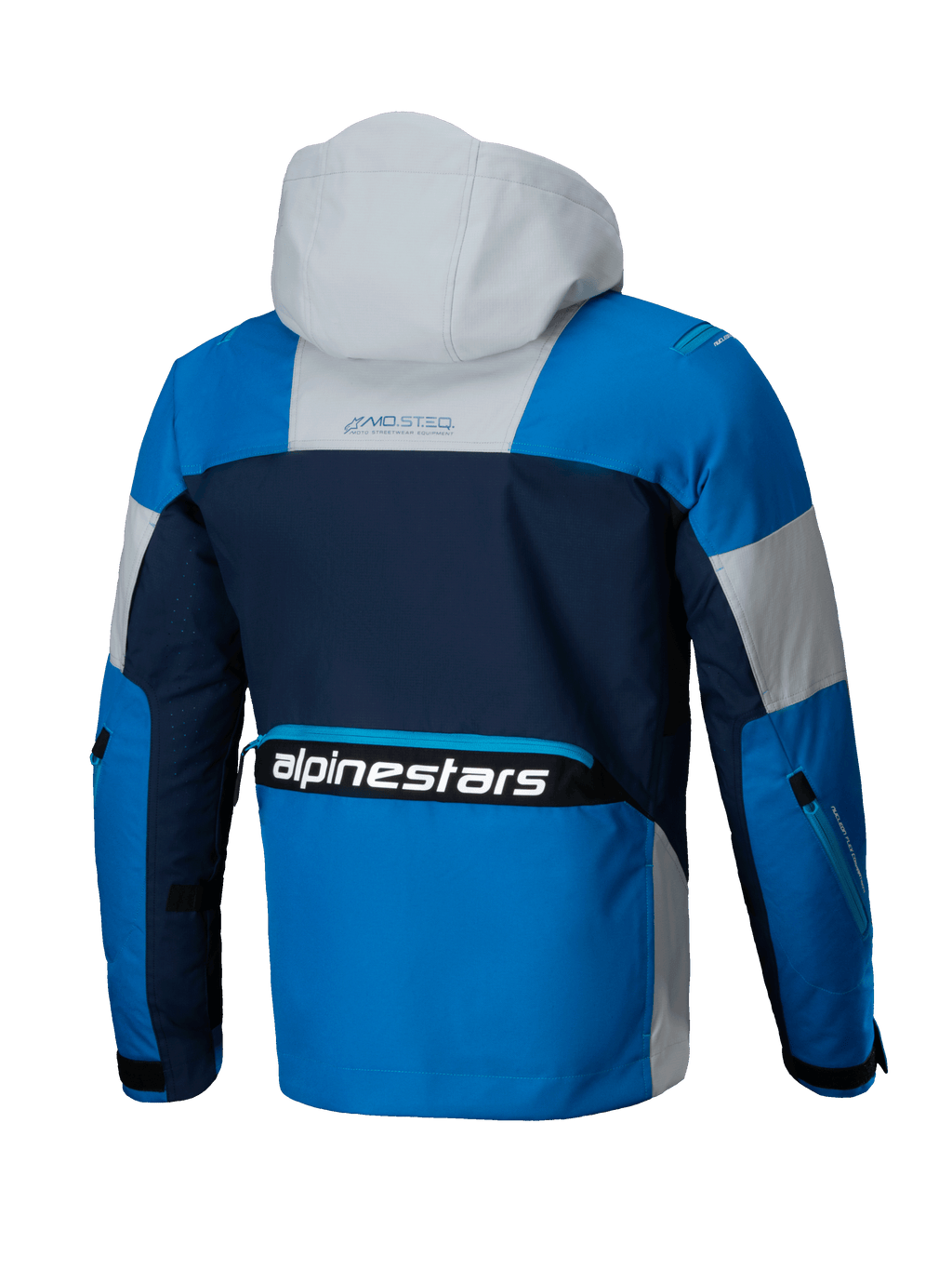 Veste Alpinestars Mogress Air, veste de moto urbaine pour homme, bleu amande et marine, textile ventilé avec capuche, certifiée CE, vue de dos.