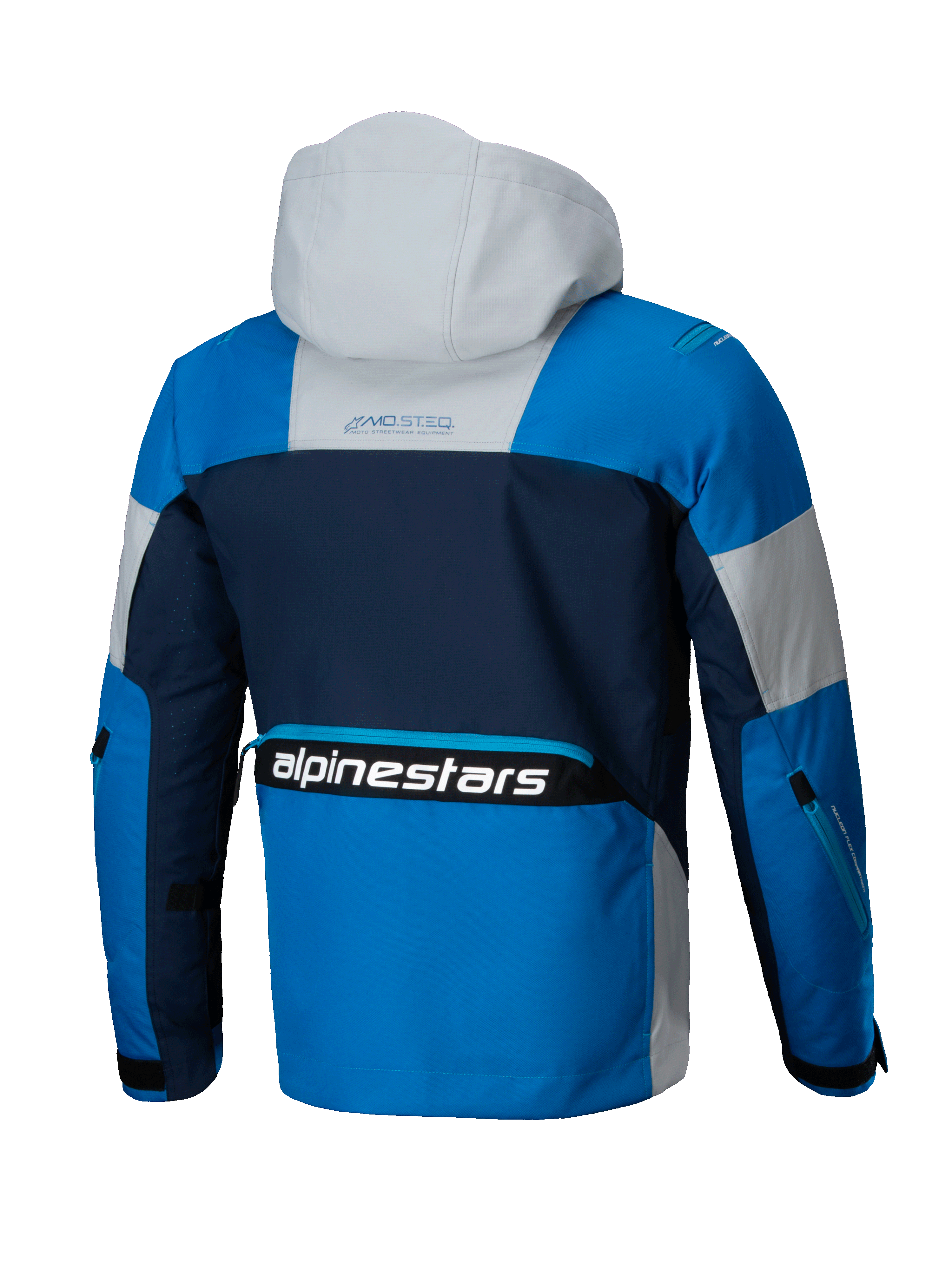 Veste Alpinestars Mogress Air, veste de moto urbaine pour homme, bleu amande et marine, textile ventilé avec capuche, certifiée CE, vue de dos.