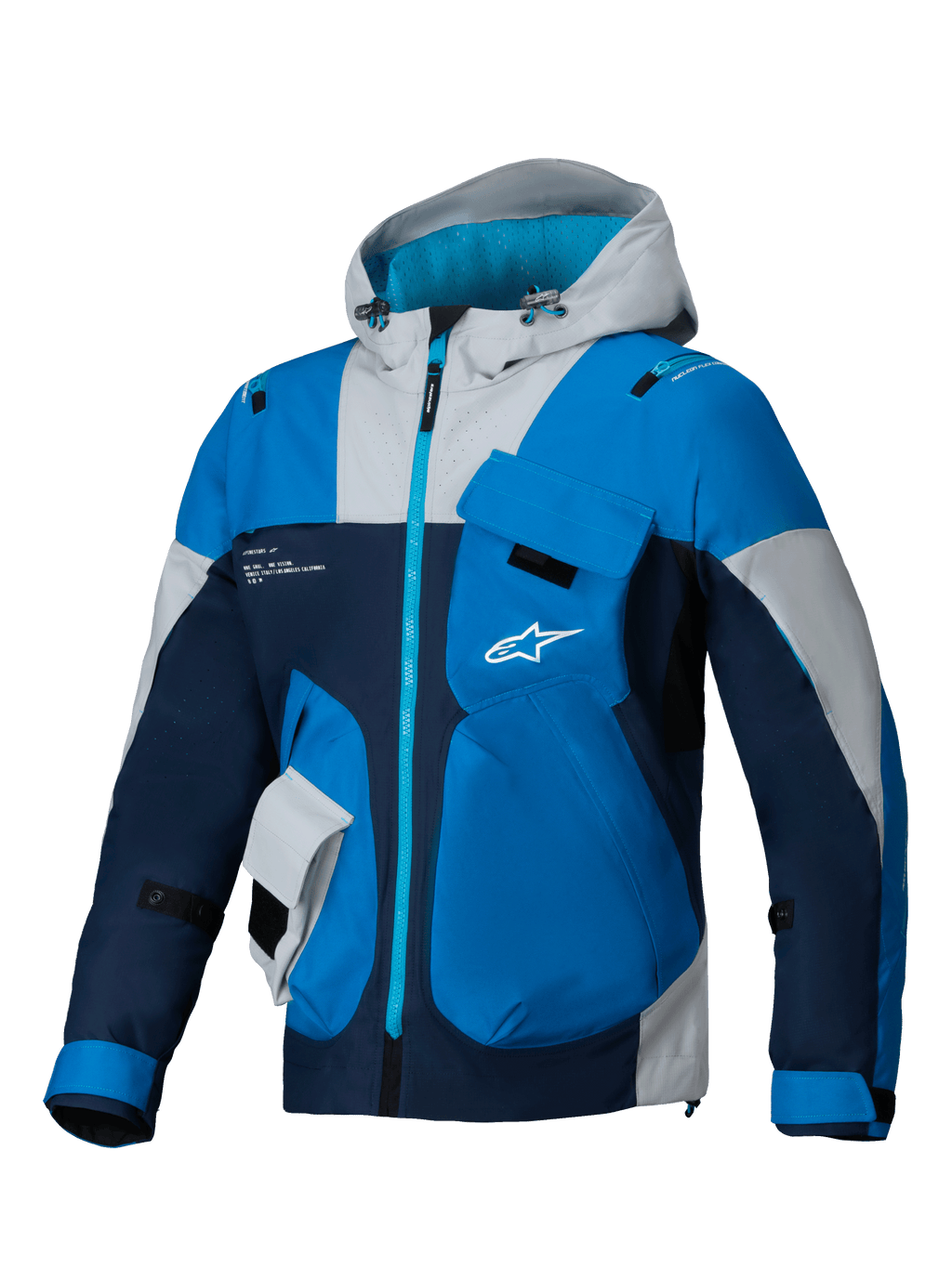 Alpinestars Veste Mogress Air, blouson de moto urbain bleu et marine, textile ripstop ventilé et capuche utilitaire.