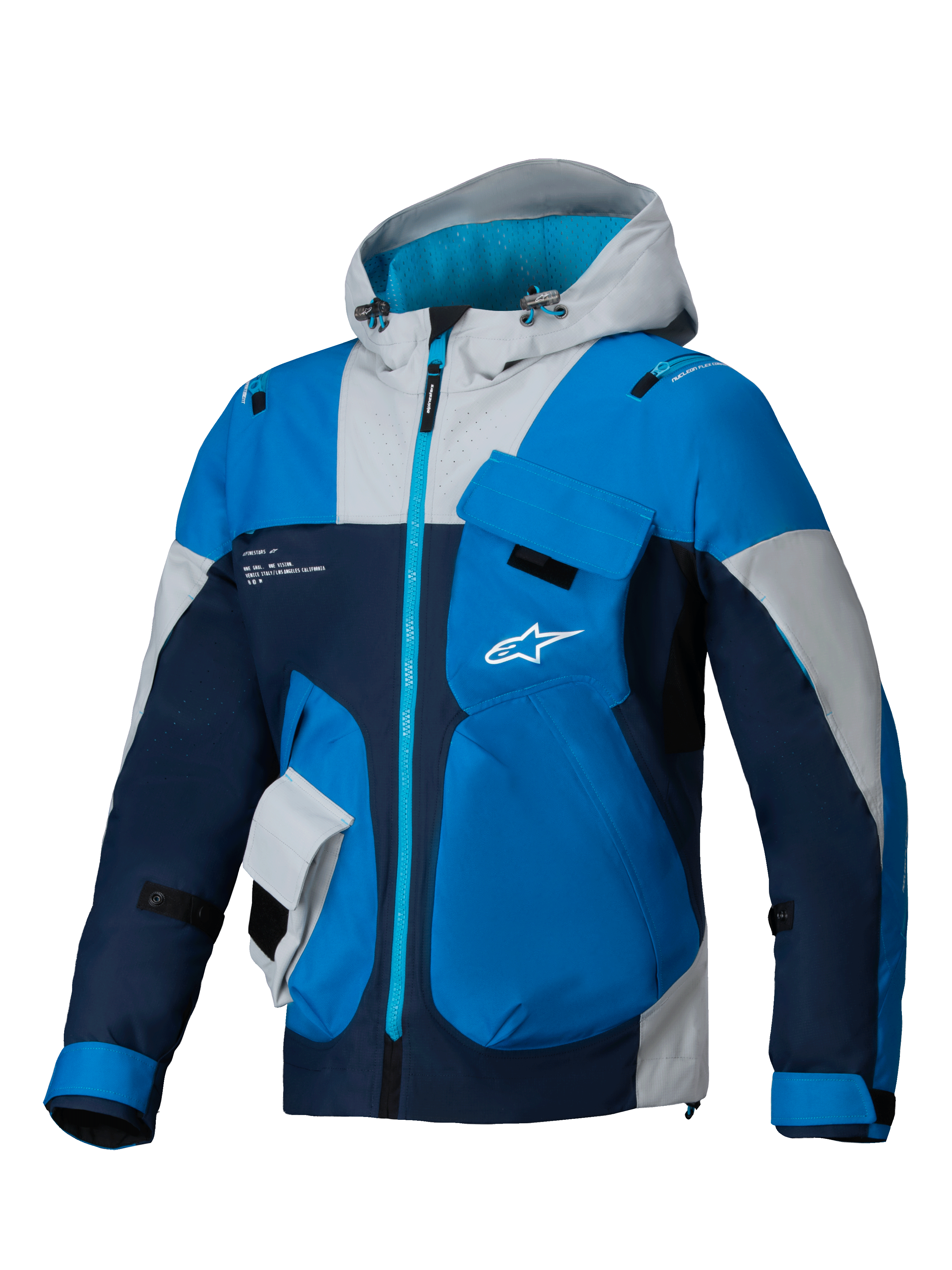 Alpinestars Veste Mogress Air, blouson de moto urbain bleu et marine, textile ripstop ventilé et capuche utilitaire.