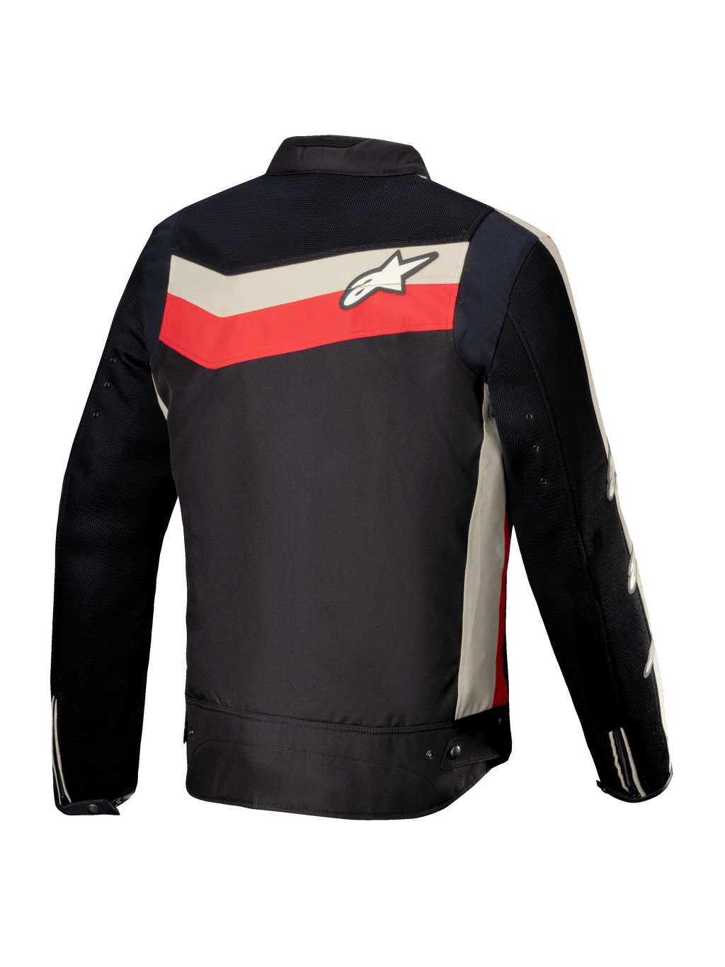 Alpinestars Veste T-Dyno Air, veste de moto textile pour homme, vue de dos, noire, rouge vif et écru, certifiée CE avec panneaux d'aération en maille 3D et coupe biker d'inspiration vintage