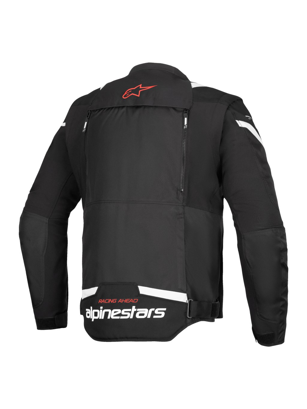 Veste Alpinestars T-Stunt Air, vue arrière, noir et blanc, avec un logo étoile rouge sur le col, un marquage blanc au bas du dos et des fermetures éclair verticales pour le système de flux d'air modulaire.