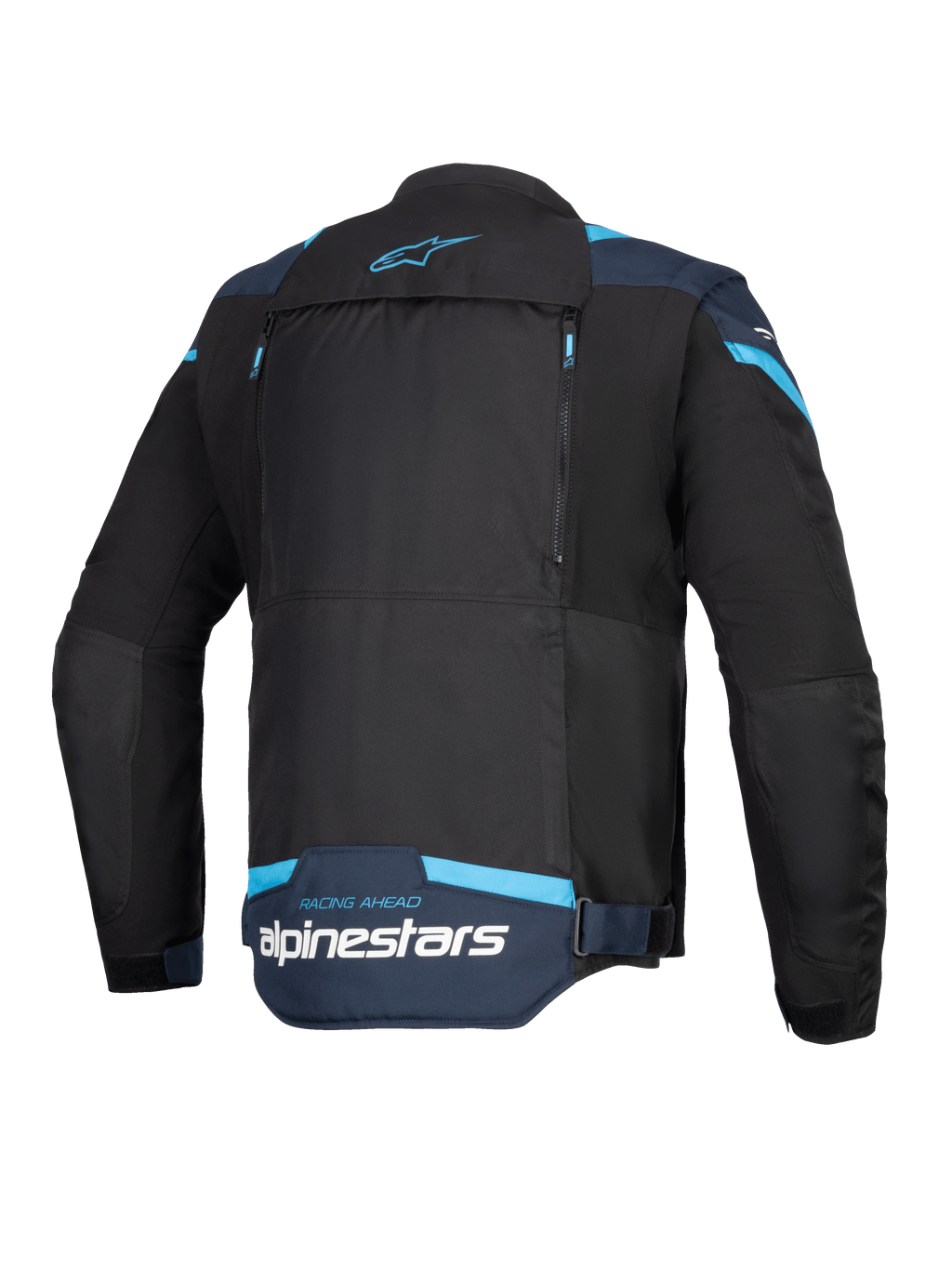 Veste Alpinestars T-Stunt Air, veste de moto, noir, bleu foncé et bleu vif, vue arrière montrant un large panneau dorsal modulaire avec fermetures éclair, logo Alpinestars et texte 'Racing Ahead' dans le bas du dos.