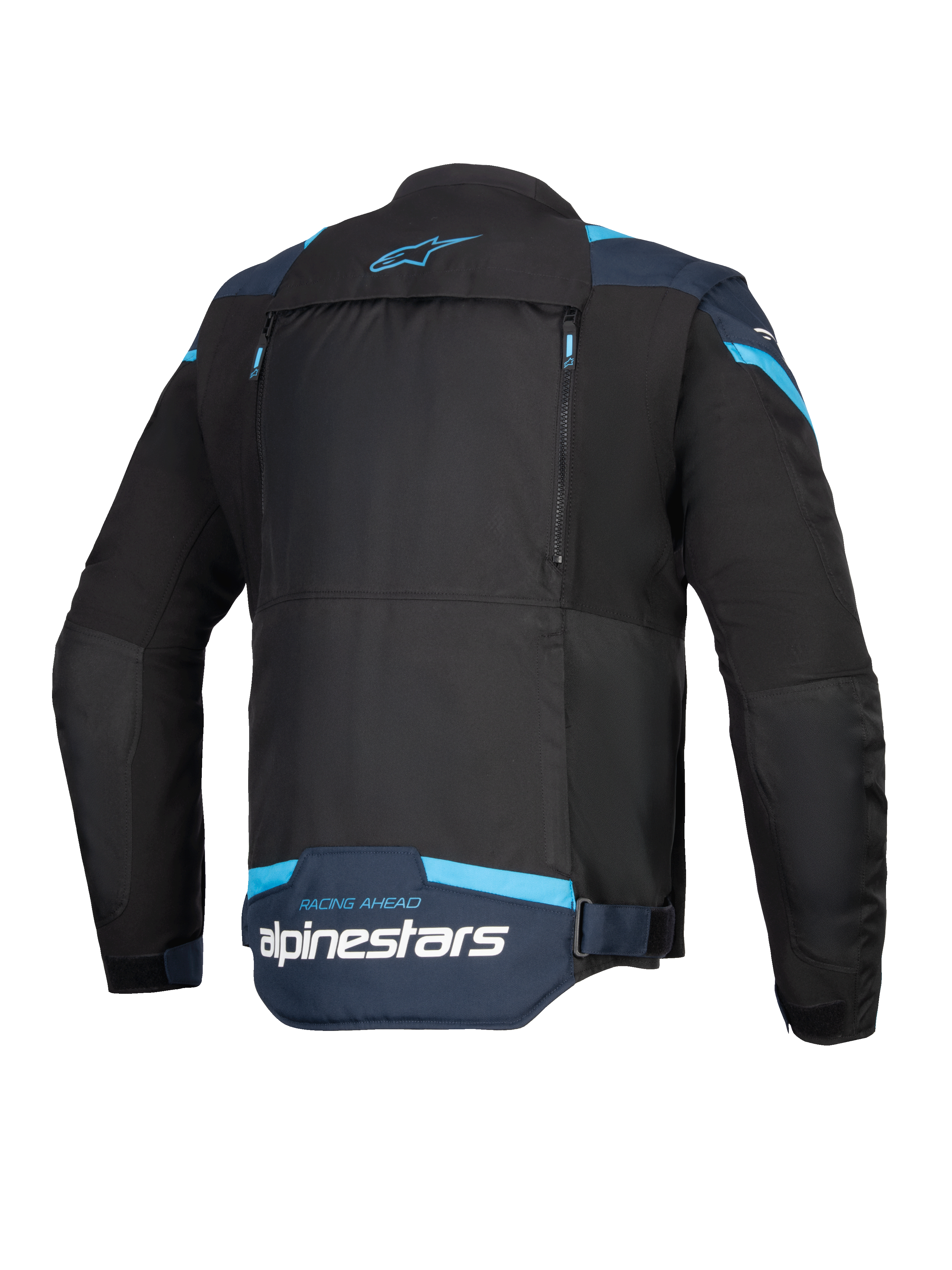 Veste Alpinestars T-Stunt Air, veste de moto, noir, bleu foncé et bleu vif, vue arrière montrant un large panneau dorsal modulaire avec fermetures éclair, logo Alpinestars et texte 'Racing Ahead' dans le bas du dos.