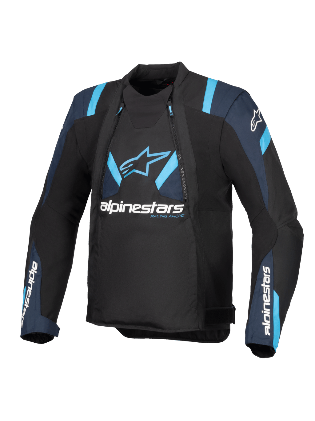 Veste Alpinestars T-Stunt Air, noir avec accents bleu foncé et bleu vif, veste de moto en textile avec panneaux en mesh modulables, logo Alpinestars sur la poitrine et les manches, design à coupe sportive élégante