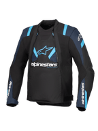 Veste Alpinestars T-Stunt Air, noir avec accents bleu foncé et bleu vif, veste de moto en textile avec panneaux en mesh modulables, logo Alpinestars sur la poitrine et les manches, design à coupe sportive élégante