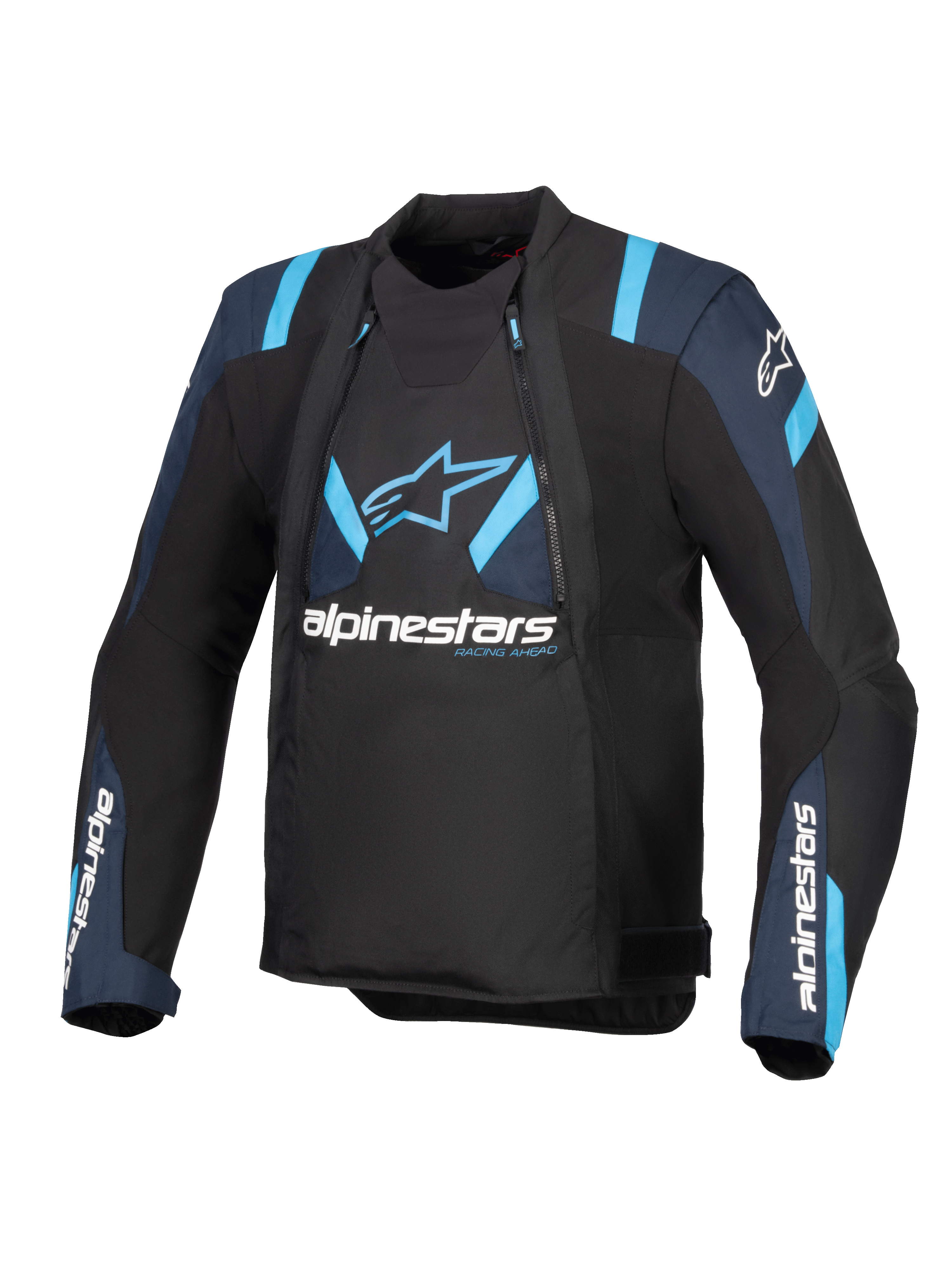 Veste Alpinestars T-Stunt Air, noir avec accents bleu foncé et bleu vif, veste de moto en textile avec panneaux en mesh modulables, logo Alpinestars sur la poitrine et les manches, design à coupe sportive élégante
