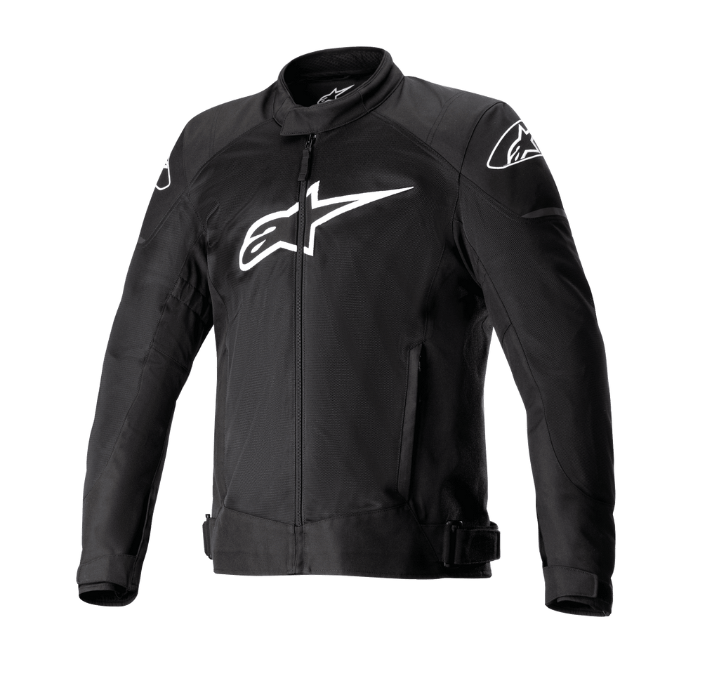 Alpinestars T-SP X Superair Jacket, Black motorcycle jacket with large white Alpinestars logo on the chest, mesh paneling for airflow, front zipper closure, adjustable waist straps, pre-curved sleeves, designed for road sport performance