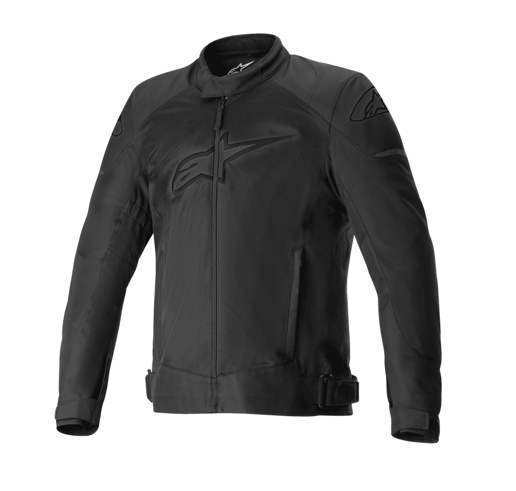 Alpinestars T-SP X Superair Jacket, Black Motorcycle Jacket, tonal chest and shoulder logos, extensive mesh paneling for airflow, front zipper, side pockets, and adjustable waist straps, sporty road riding design