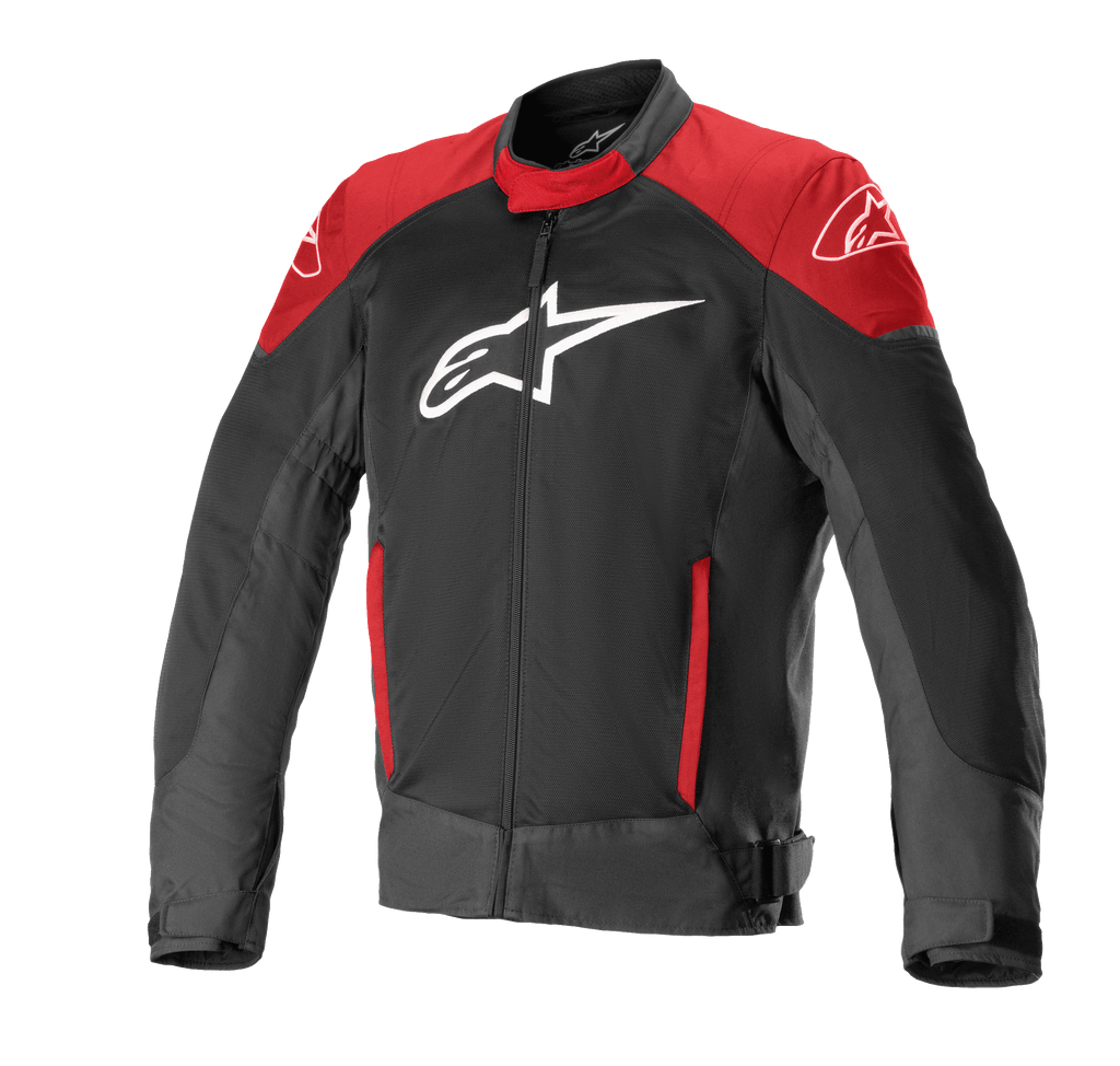 Alpinestars T-SP X Superair Jacket, veste de moto, noir et rouge vif, grand logo blanc sur la poitrine, empiècements rouges sur les épaules et les poches, tissu mesh technique pour la ventilation et coupe sport ajustée