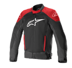 Alpinestars T-SP X Superair Jacket, veste de moto, noir et rouge vif, grand logo blanc sur la poitrine, empiècements rouges sur les épaules et les poches, tissu mesh technique pour la ventilation et coupe sport ajustée