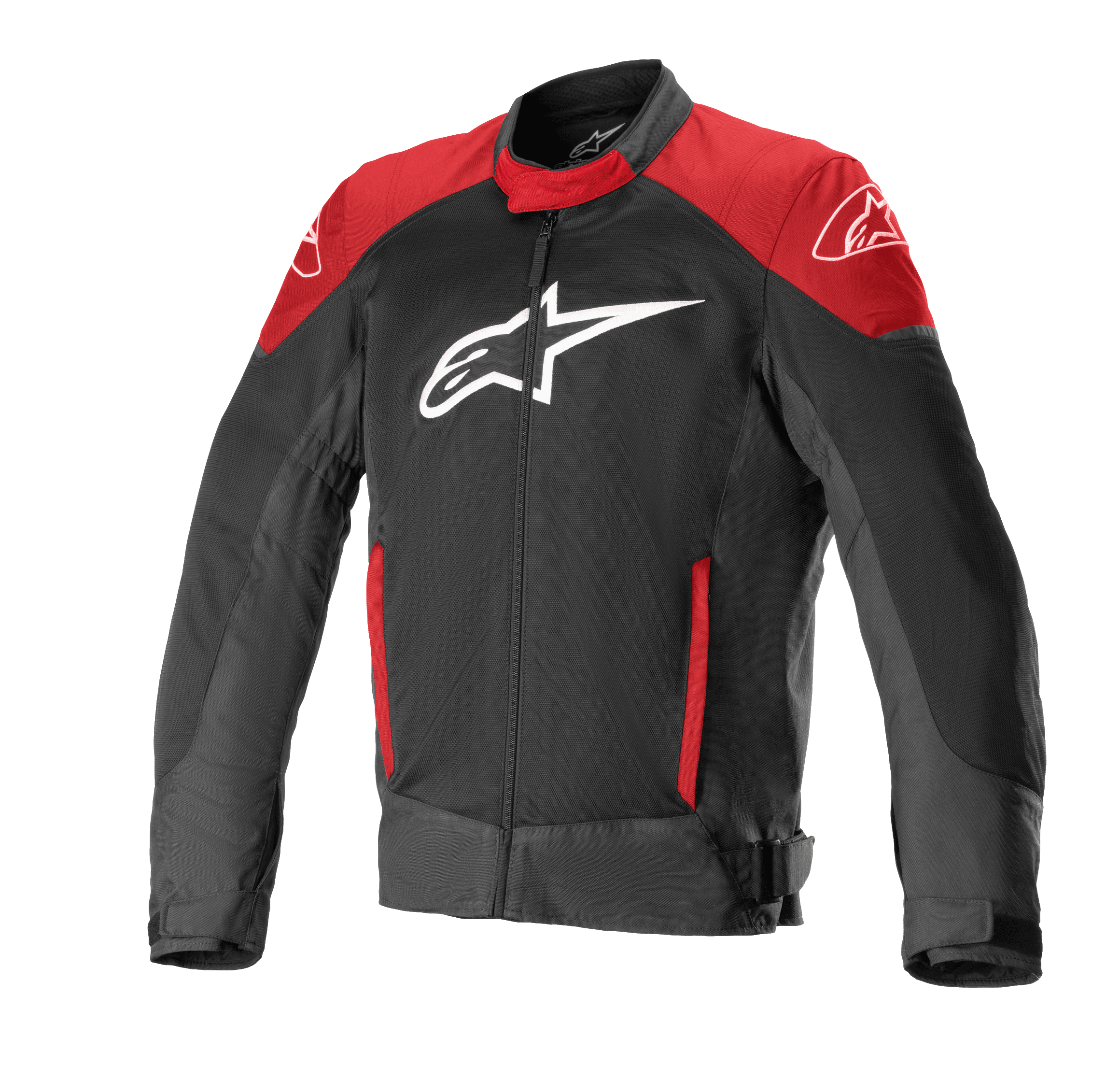 Alpinestars T-SP X Superair Jacket, veste de moto, noir et rouge vif, grand logo blanc sur la poitrine, empiècements rouges sur les épaules et les poches, tissu mesh technique pour la ventilation et coupe sport ajustée